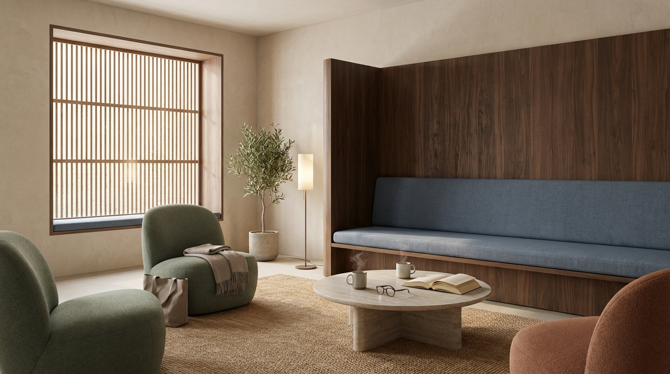 A minimalist living room with two olive green chairs, a round marble coffee table, a built-in wooden bench with blue cushion, a potted plant, a floor lamp, and a large window with wooden slats.