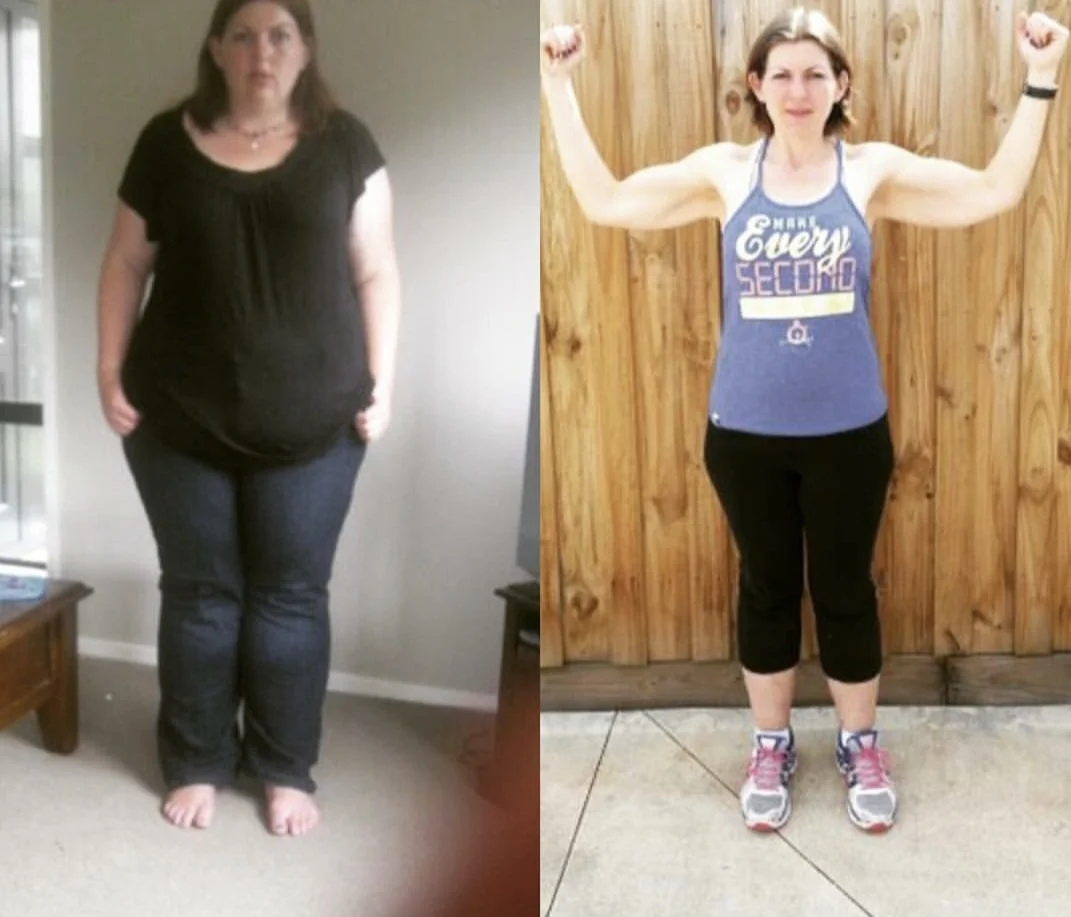 Side-by-side comparison of a woman before and after weight loss, showing significant physical transformation.