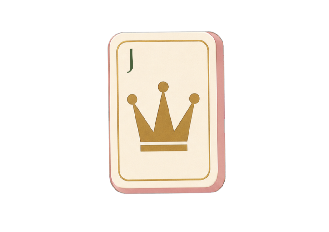 A card with a gold crown symbol and the letter J in the top left corner, set against a white background with a pink border.
