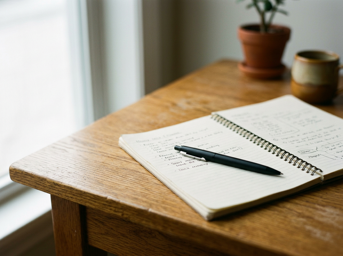 Open spiral-bound notebook with handwritten notes and a black pen resting on it, placed on a wooden desk with a potted plant, a mug, and a window in the background.
