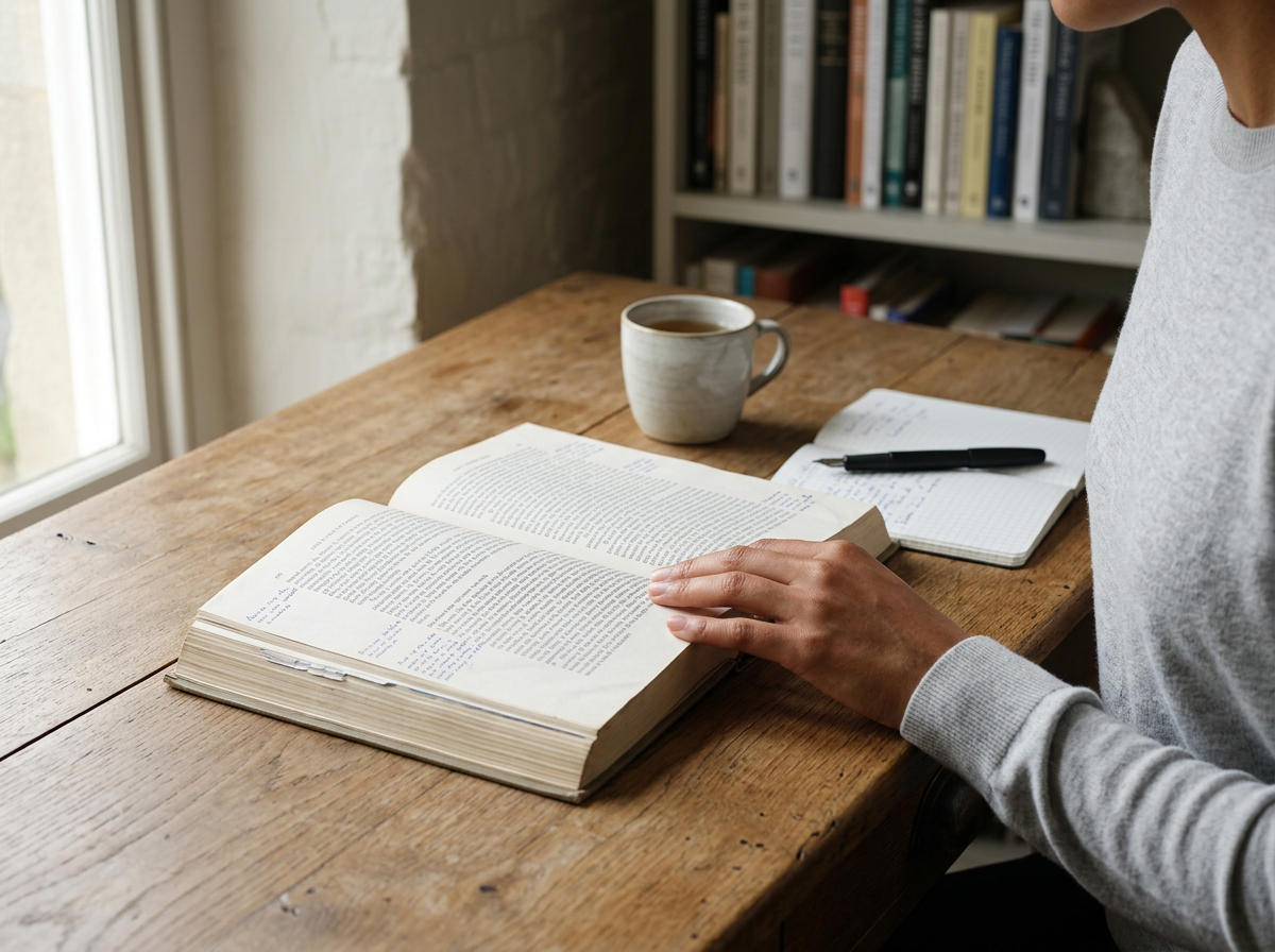Person reading a large open book at a wooden table, with a mug of coffee, notebook, and pen nearby, in a cozy indoor setting.