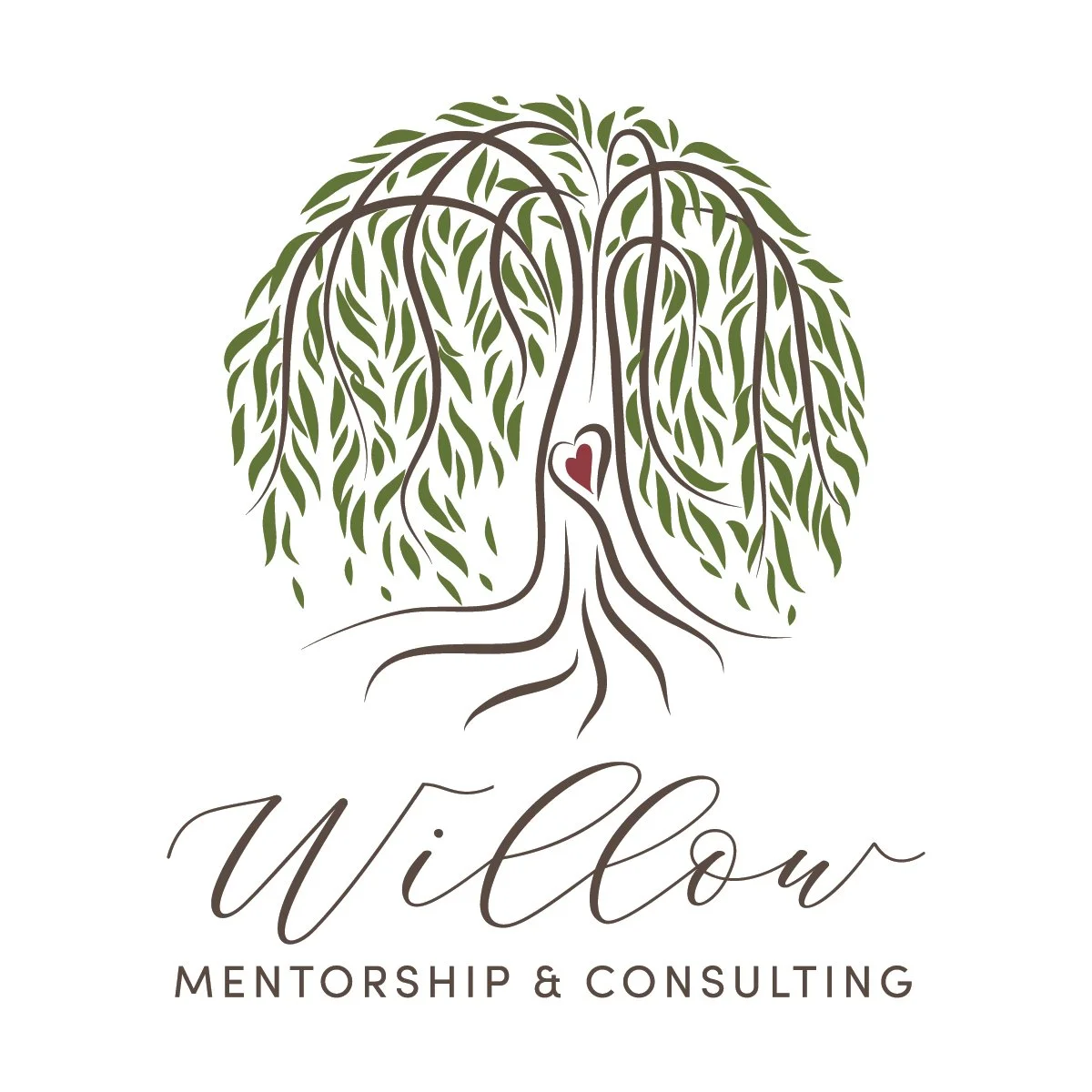 A logo featuring a stylized willow tree with a heart shape at its center and the words "Willow Mentorship & Consulting" below.