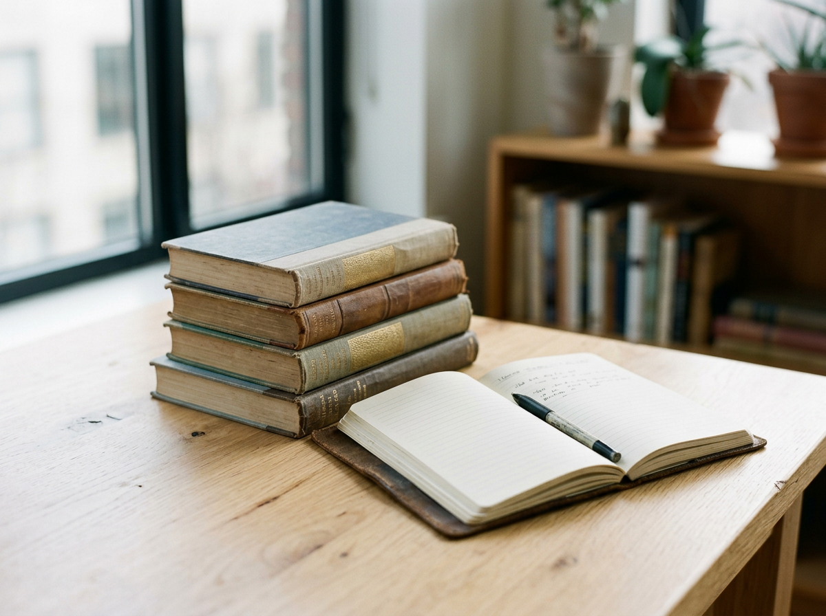 Stack of six old books and an open journal with a pen on a wooden desk near a window with potted plants and a bookshelf in the background.