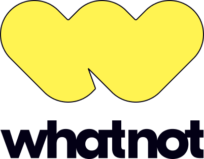 Two yellow heart shapes overlapping with the word "whatnot" in bold black text beneath them.