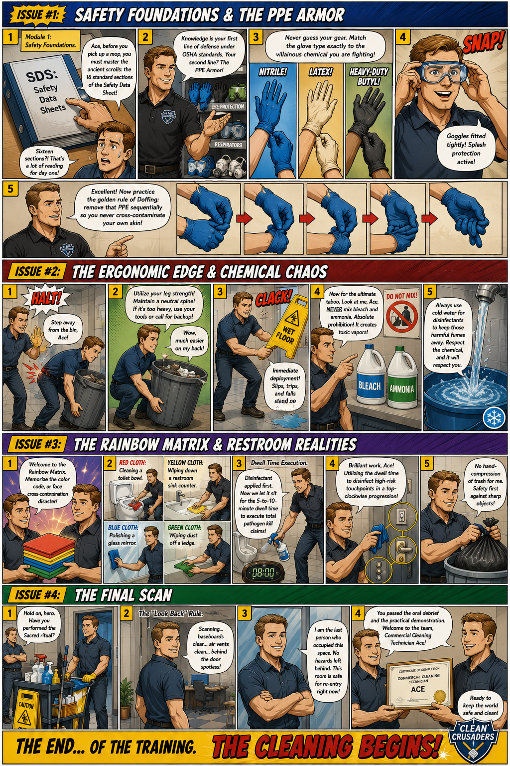 A comic-style instructional poster divided into four issues explaining safety gear, ergonomic practices, restroom procedures, and final cleaning procedures in a cleaning training program.