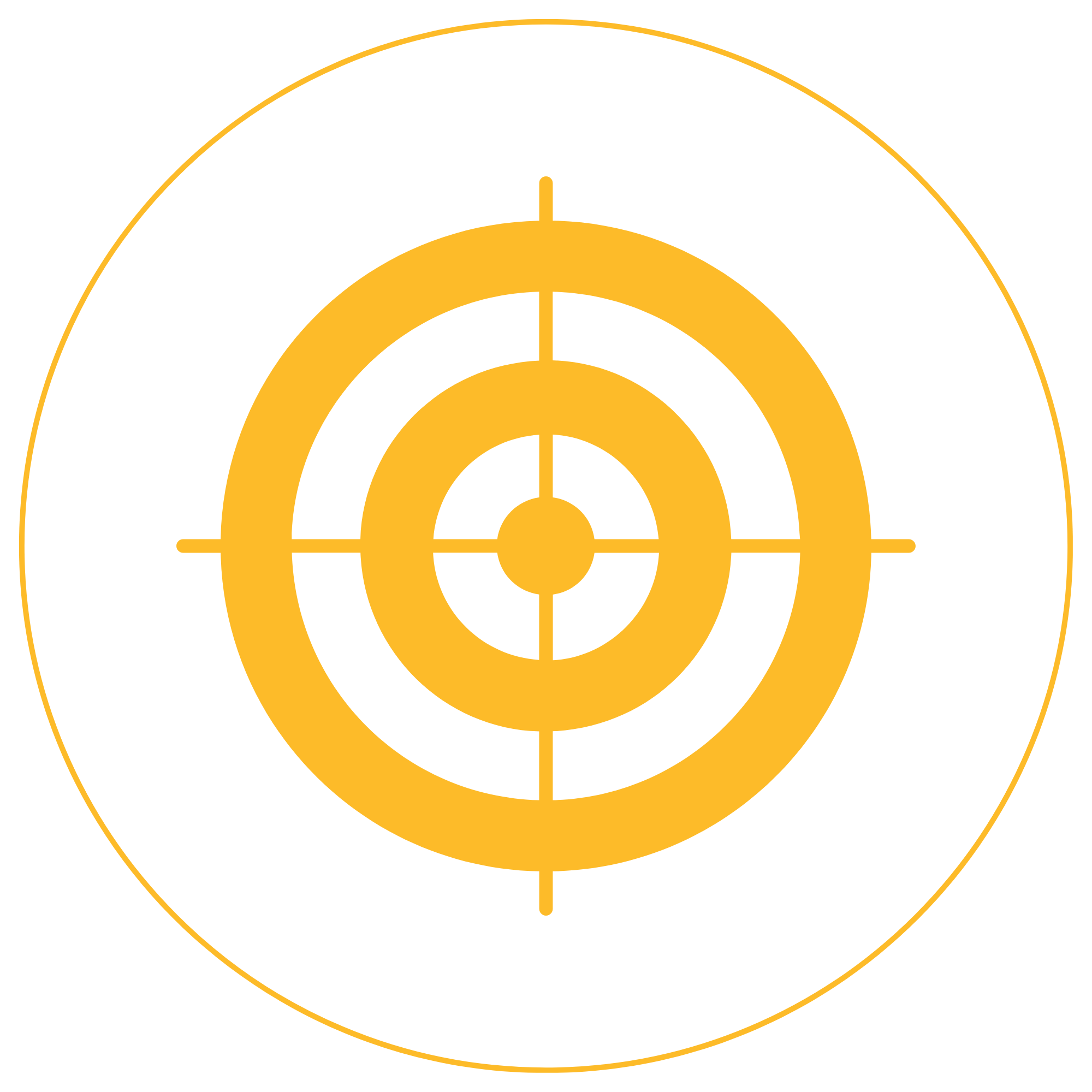 Yellow and black target chart with concentric circles and a small vertical line at the bottom center.