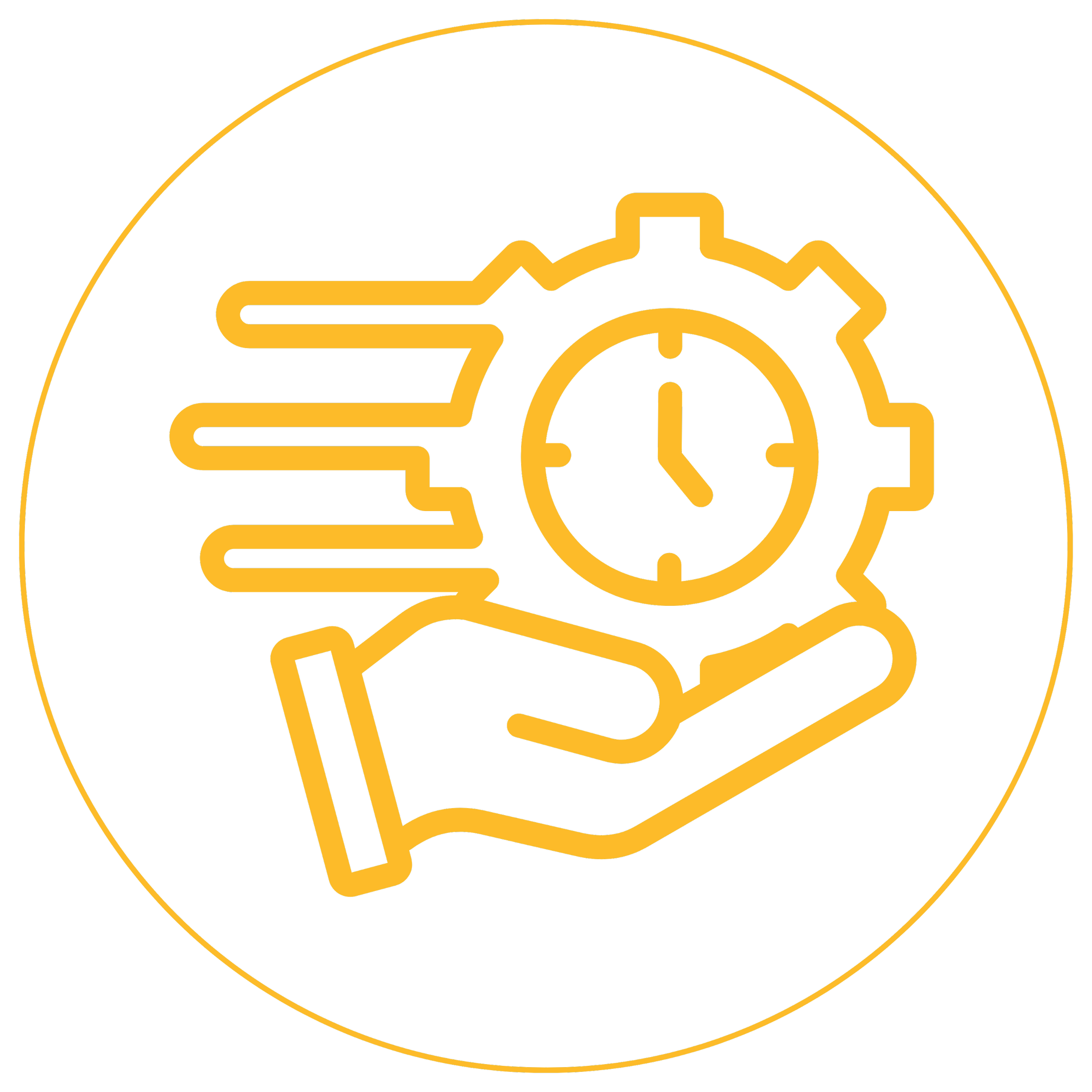 A stylized yellow icon of a hand holding a gear with a clock inside, representing time management or efficiency.