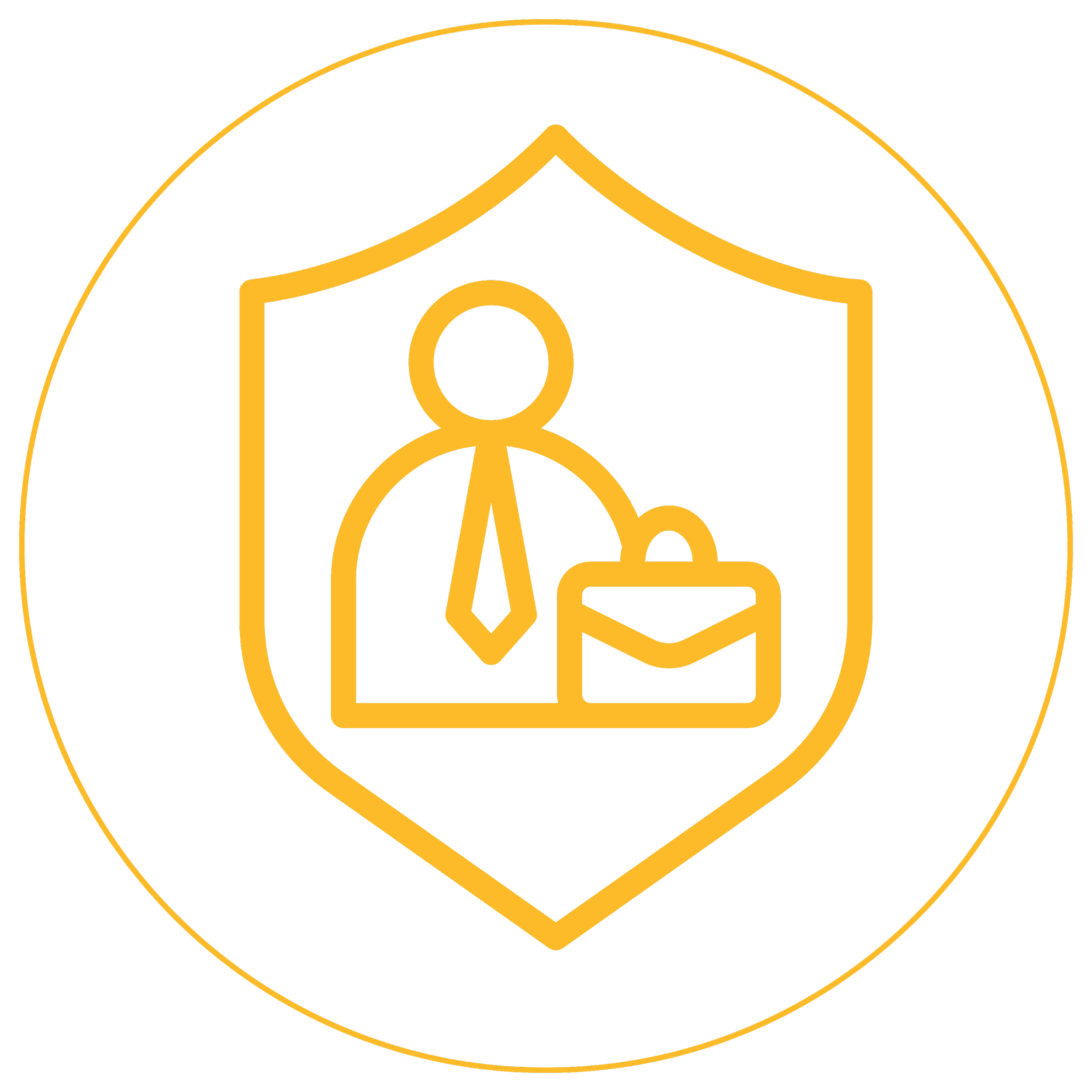 Gold outline of a house with a person inside and shopping bags outside, set against a black background with a gold circle outline.