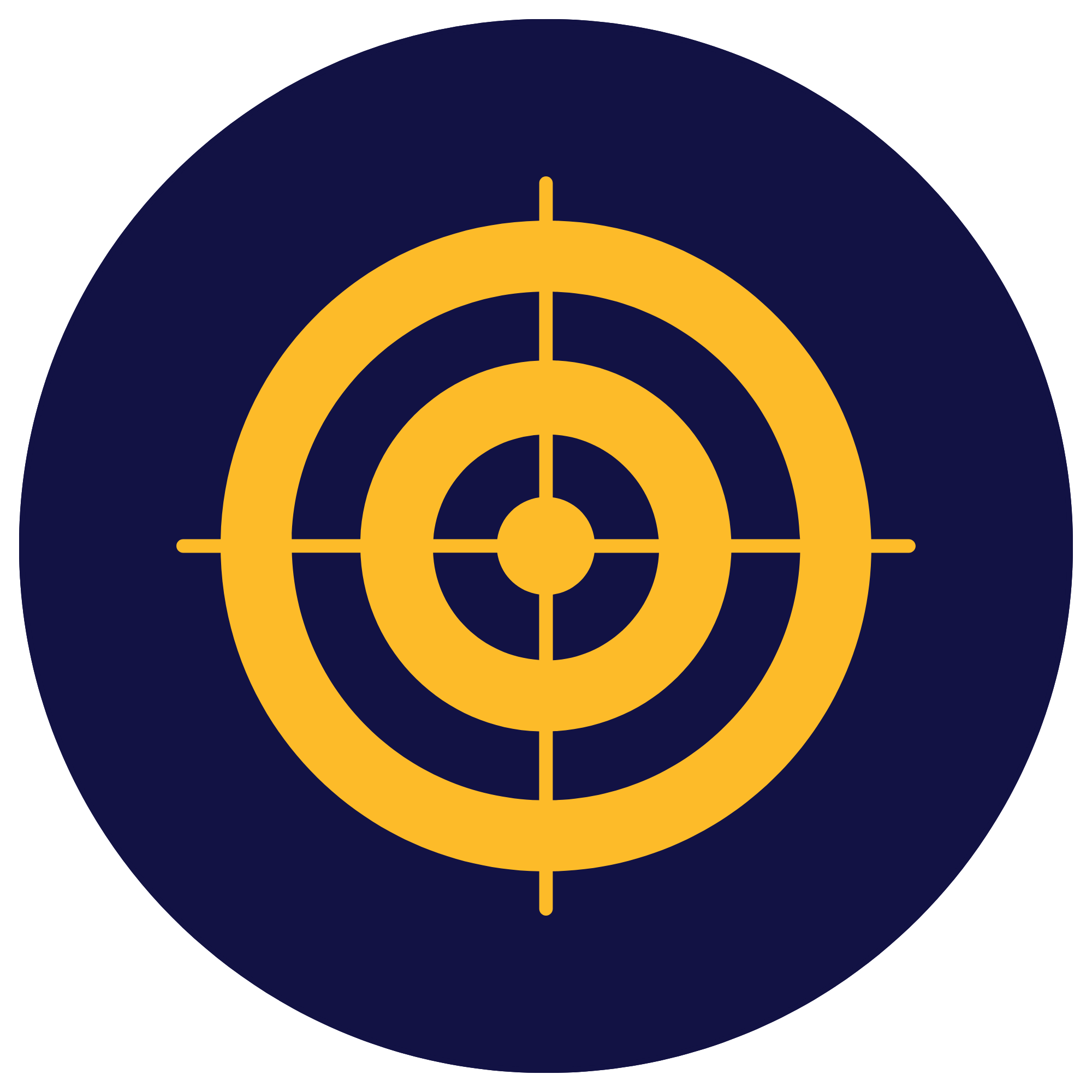 A stylized archery target with concentric circles in navy blue and yellow, with the yellow circle on a black background.