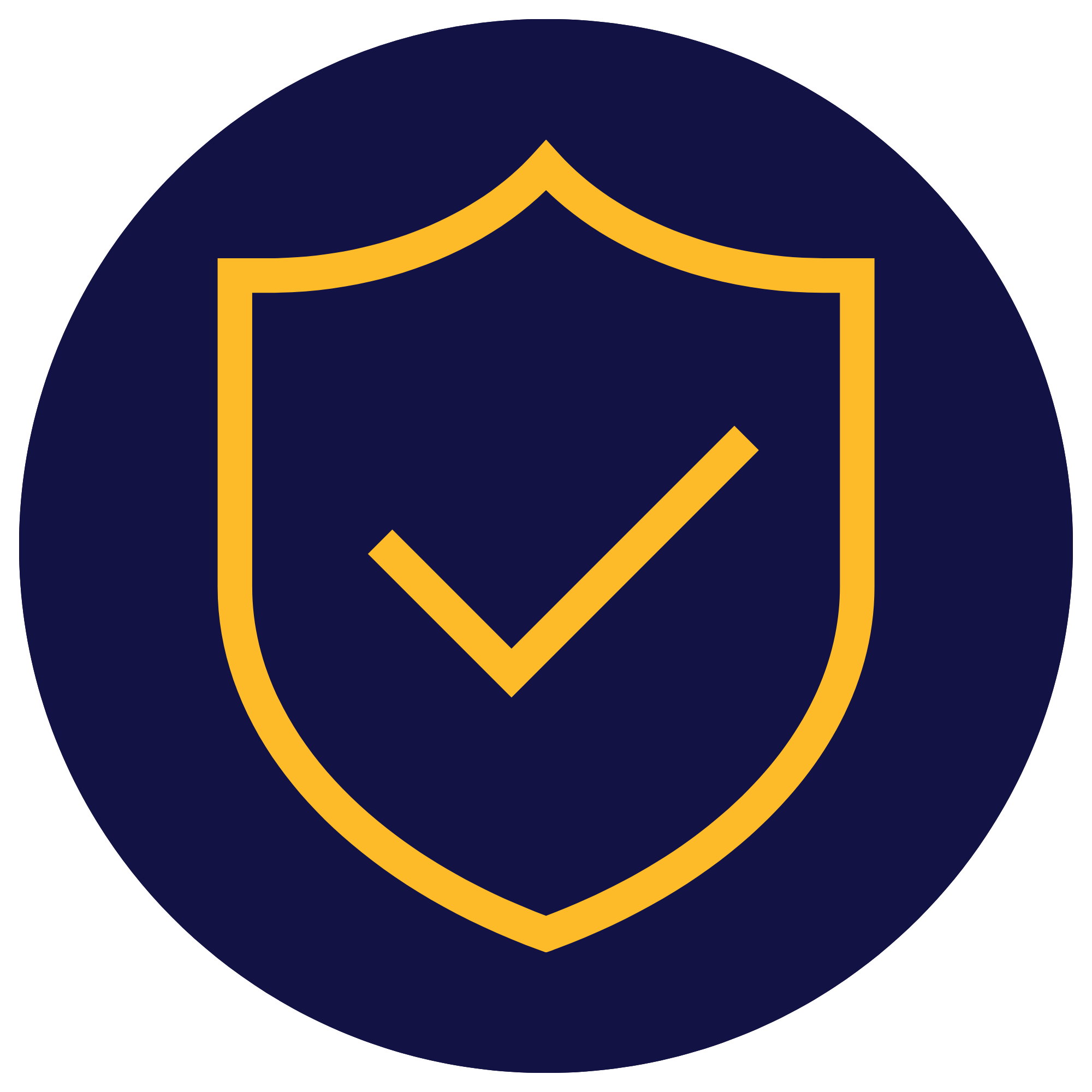 Close-up of a logo featuring a gold shield outline on a navy blue circular background.