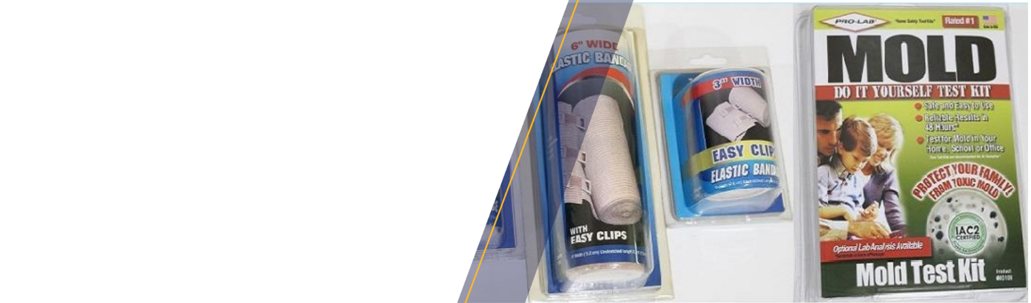 Shelf with mold test kits, including one labeled 'Mold Do It Yourself Test Kit' from Pro-Lab, featuring green and white packaging with an image of a family and mold illustration.