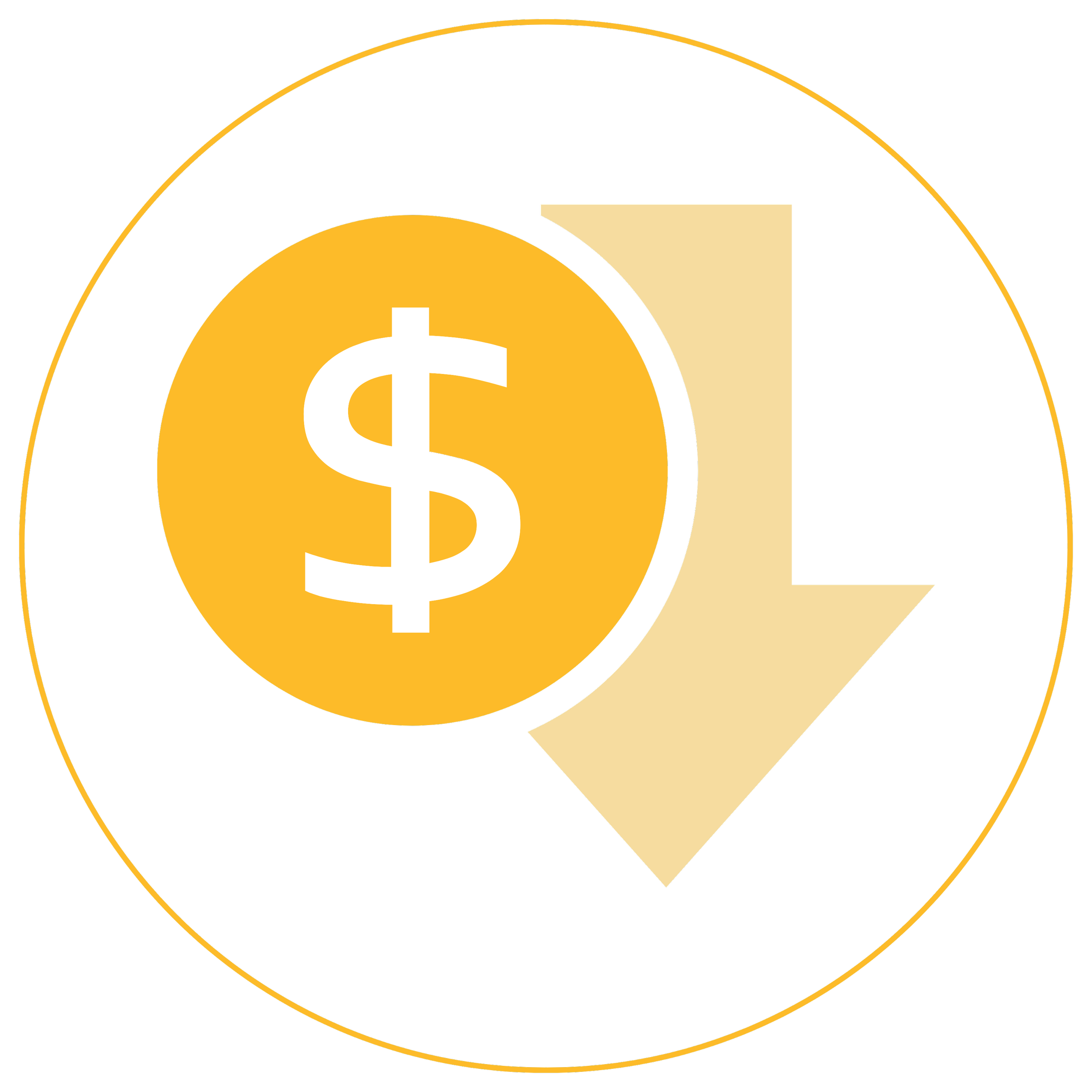 A black circle with gold outlines and a yellow circle inside featuring a white dollar sign. The right part of the yellow circle is overlapped by a tan rectangle, and there are gold arcs surrounding the circle.