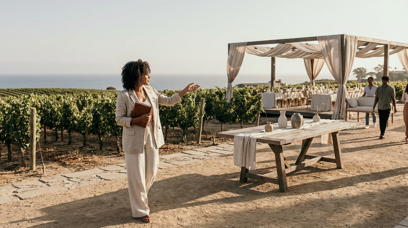 A woman in a beige suit giving a presentation outdoors at a vineyard, with a decorated tent, tables, and chairs nearby.
