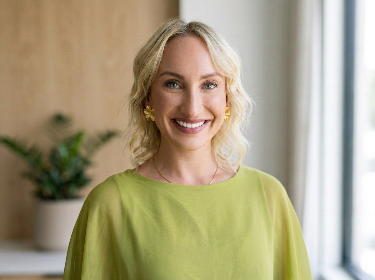 A woman with blonde hair smiling, wearing a lime green top and yellow flower earrings, standing indoors next to a window with curtains, with a potted plant in the background.