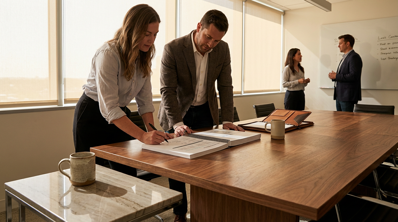 Two people signing documents at a conference table in a business meeting, with two others discussing at the whiteboard in the background.