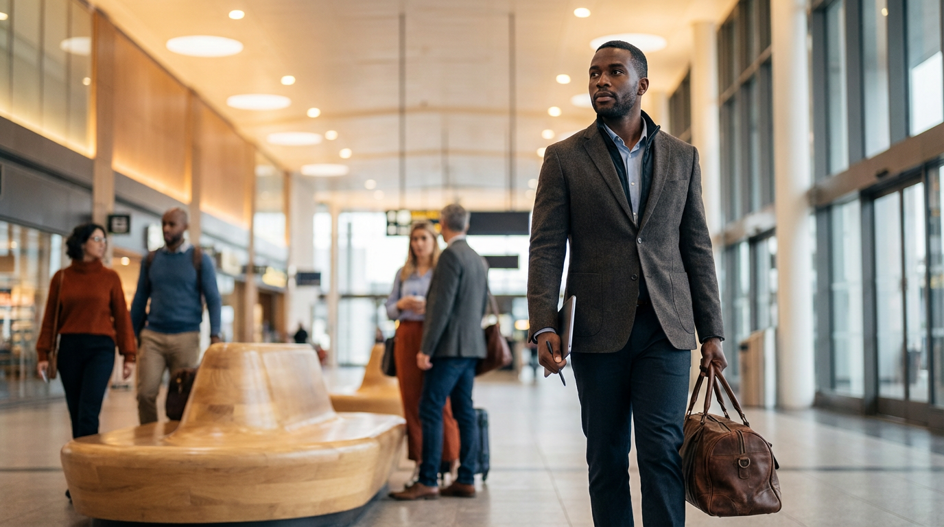 A man in a suit with a laptop and carrying a leather bag walking through an airport terminal.