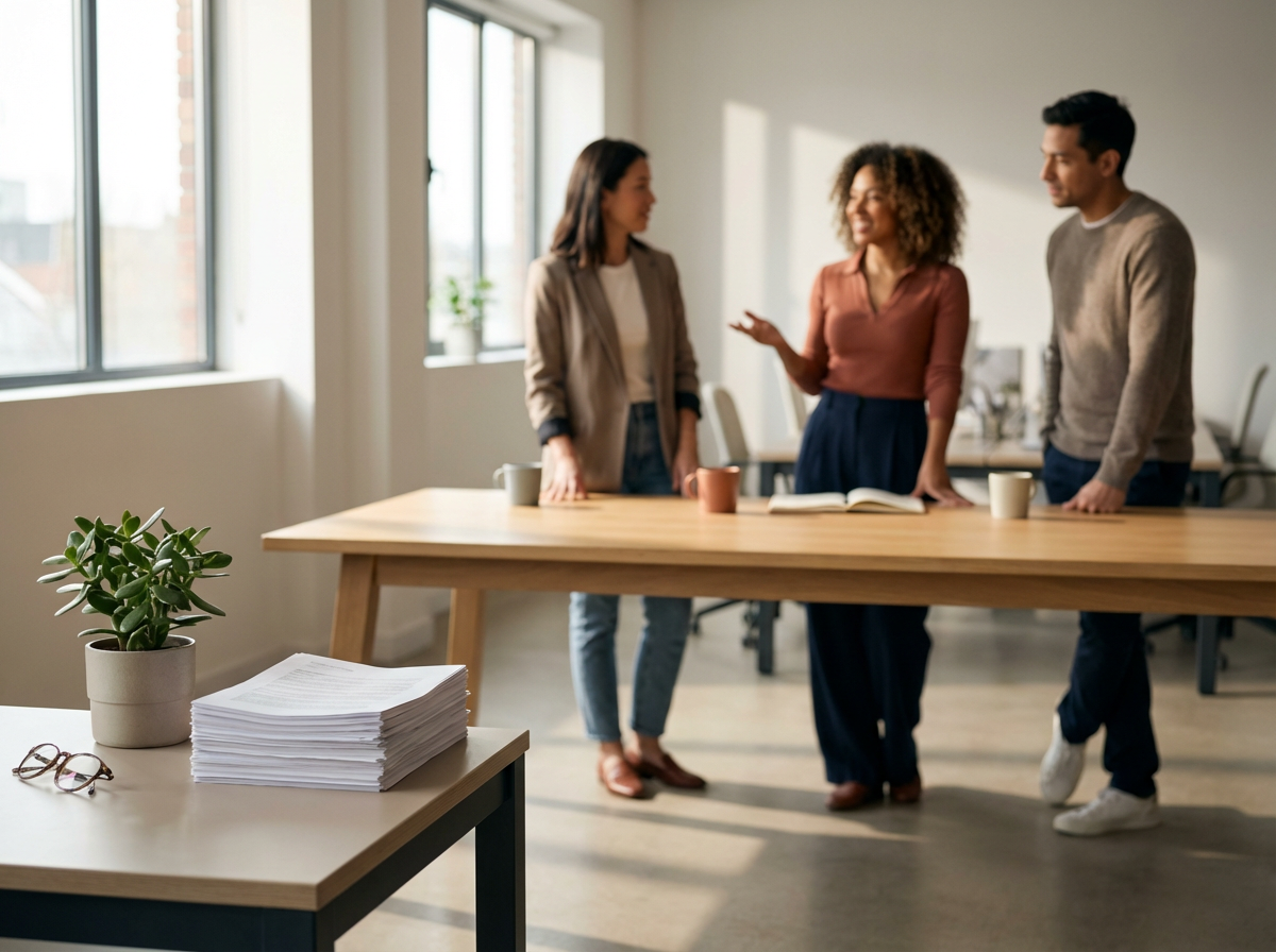 Three diverse colleagues having a discussion in a bright, modern office with large windows. In the foreground, a desk has a potted plant, a pair of glasses, and a stack of papers. On the table, there are coffee cups and an open book.
