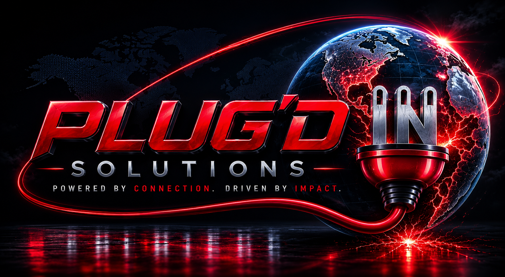 Futuristic digital illustration with a dark background showing a glowing world map, a stylized Earth with a network of red glowing lines, and a large 3D power plug with a glowing red cord. The words 'PLUG IN SOLUTIONS' are prominently displayed in bold, metallic-red and silver text, with the tagline 'Powered by connection. Driven by impact.' underneath.