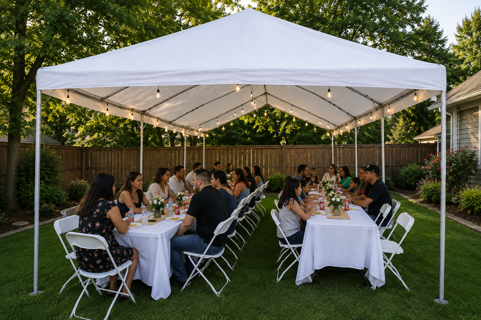 Backyard 20- 10×20 pop-up tent + 3 (6ft) tables + 24 chairs