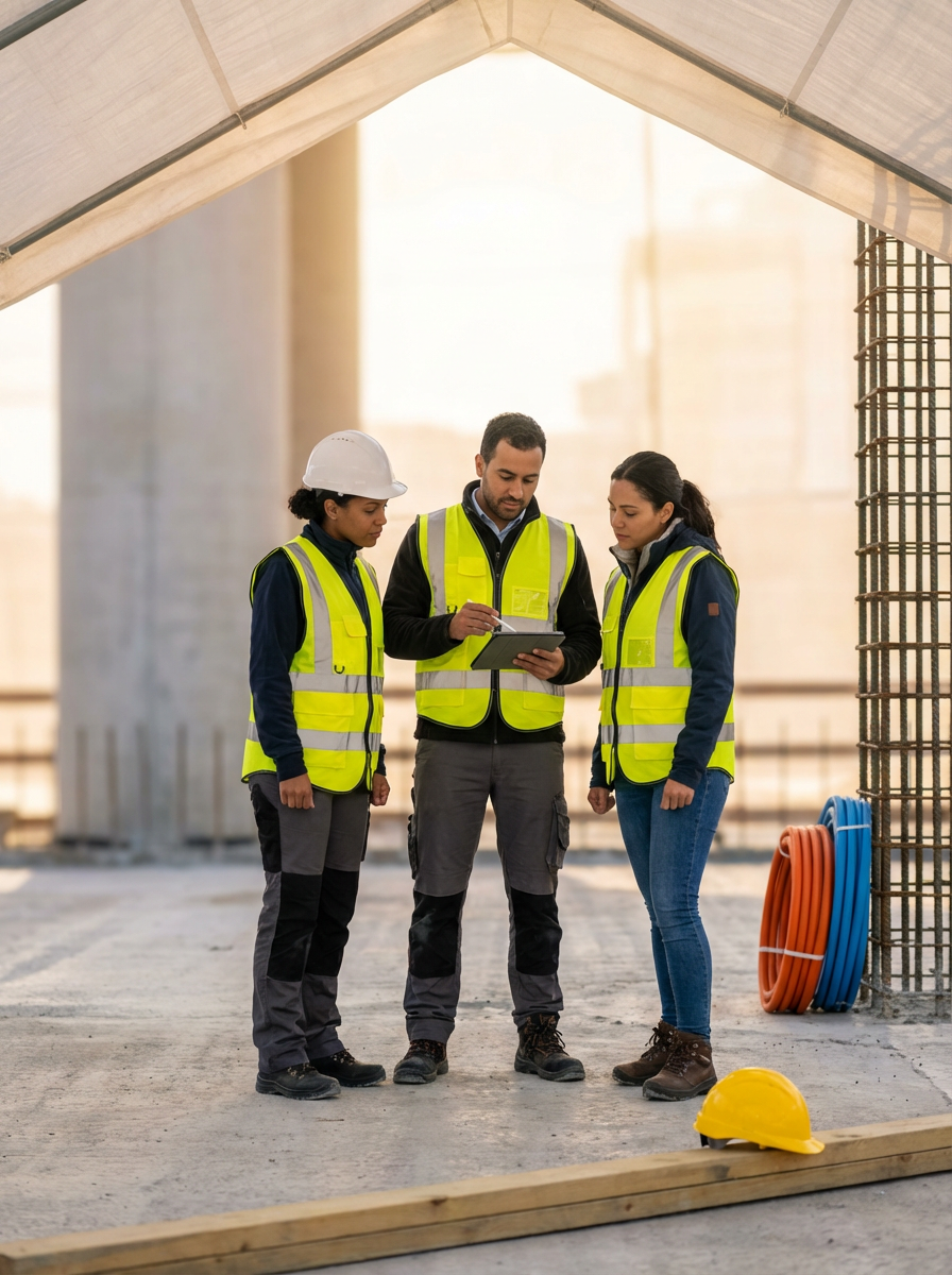 Tres personas en un sitio de construcción revisando papeles con cascos y ropa de seguridad.