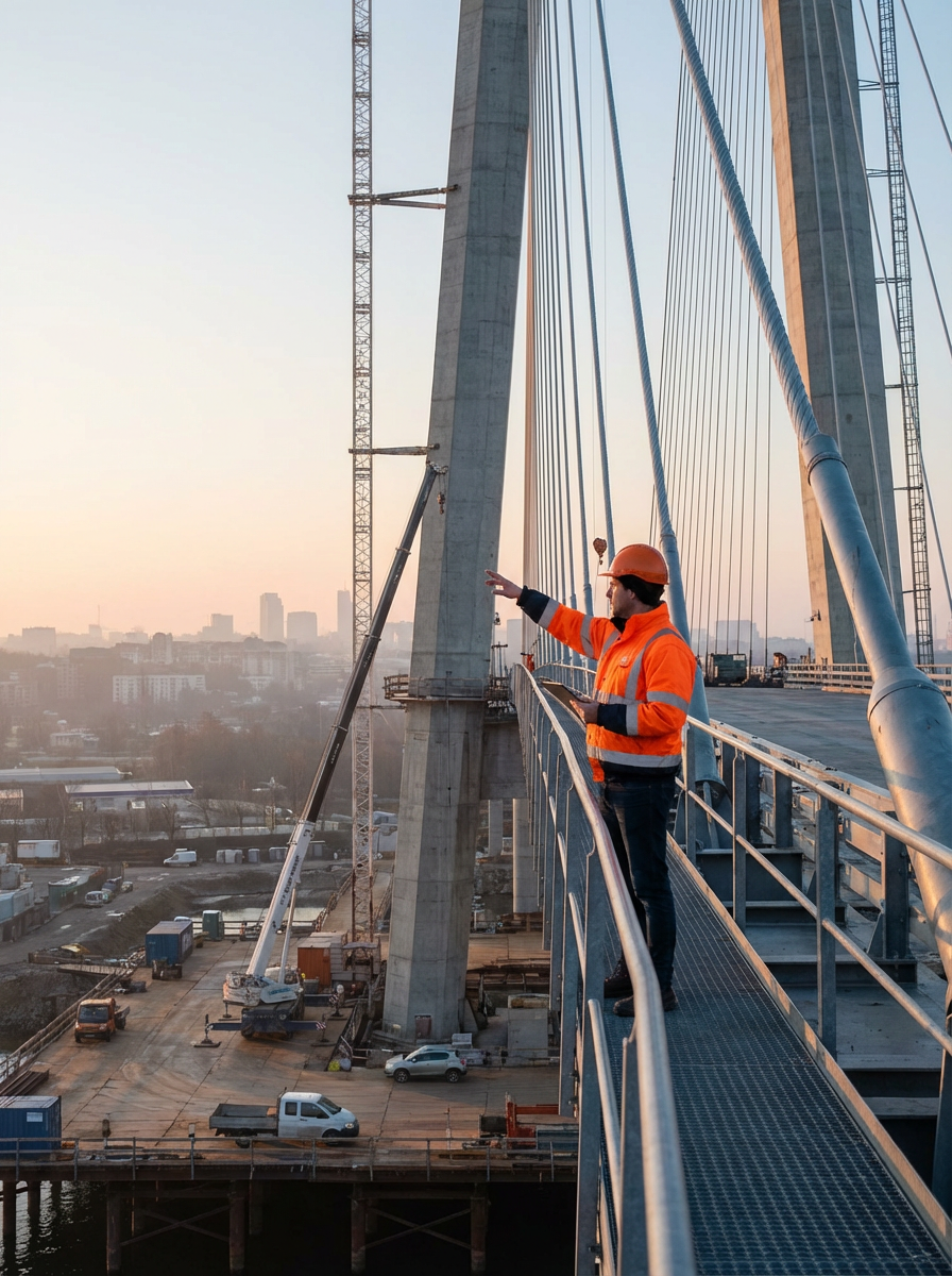 Ingeniero en casco y chaleco naranja inspeccionando un puente en construcción con ciudad y puesta de sol de fondo.