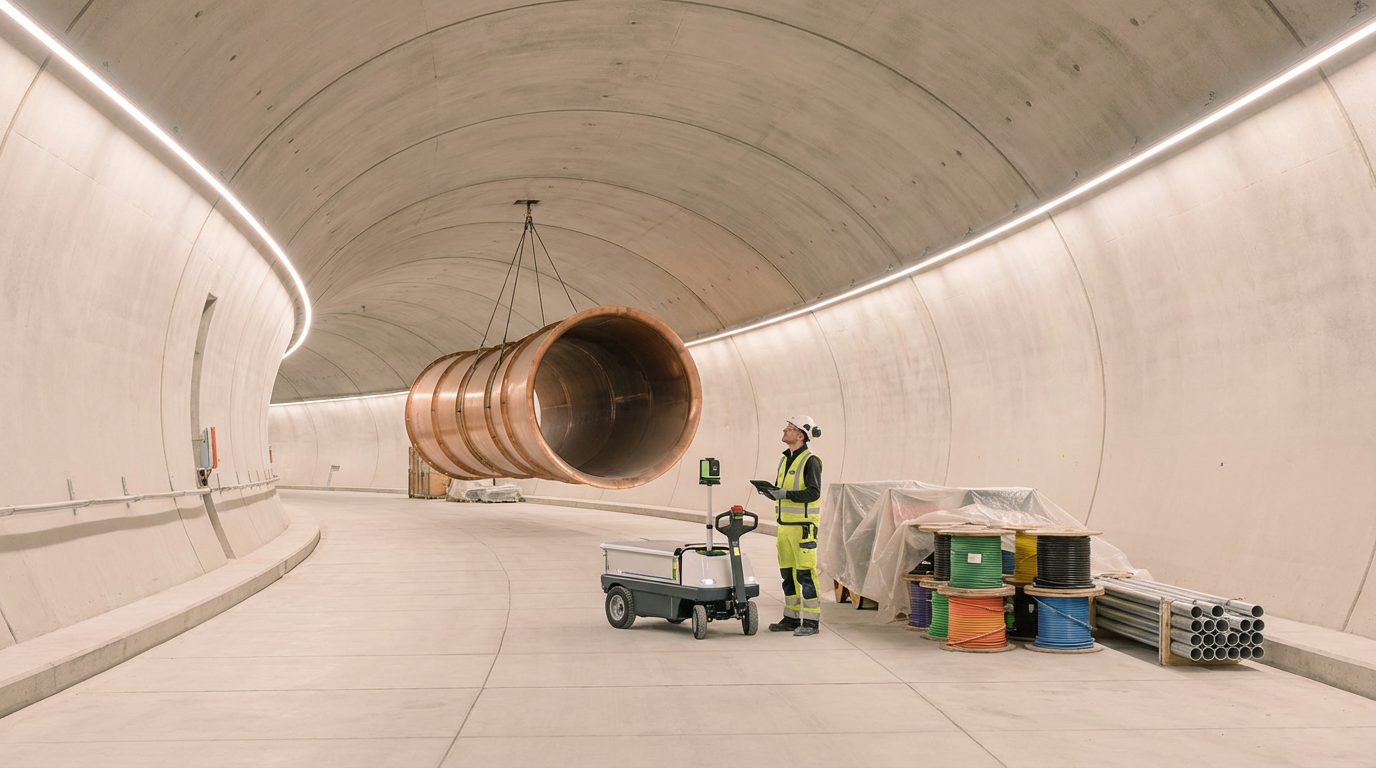 Trabajador en túnel de construcción con equipo y materiales para trabajos de infraestructura.
