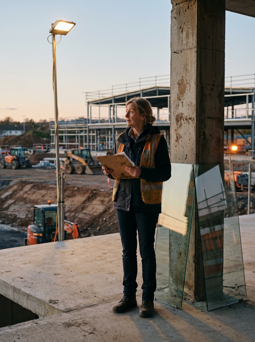 Una mujer en vestimenta de obra, con chaqueta de seguridad, holding un cuaderno en un sitio de construcción en atardecer.