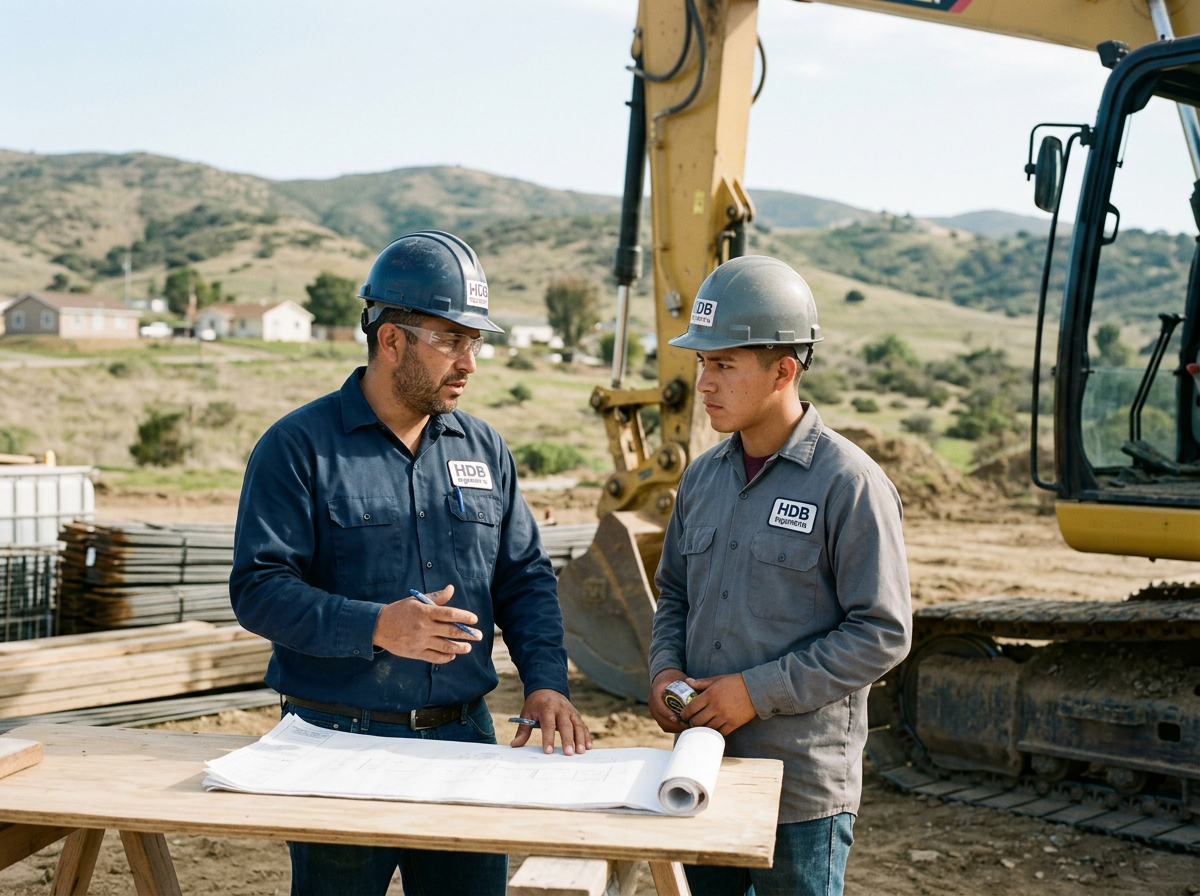 Dos trabajadores en un sitio de construcción, uno mayor y otro joven, revisando planos con maquinaria pesada y paisaje montañoso al fondo.