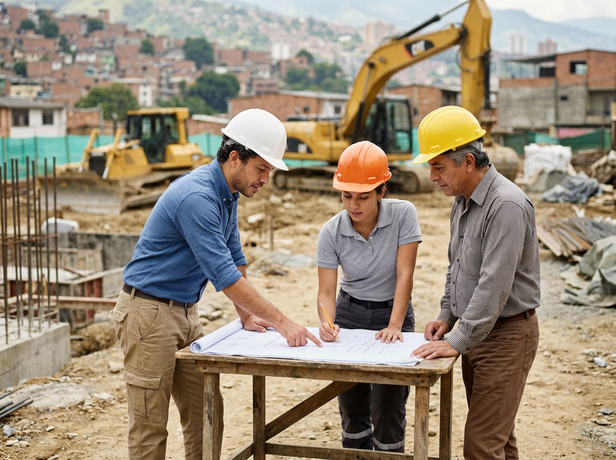 Tres personas en un sitio de construcción revisando planos. Llevan cascos de seguridad de diferentes colores y hay maquinaria y edificios en construcción en el fondo.