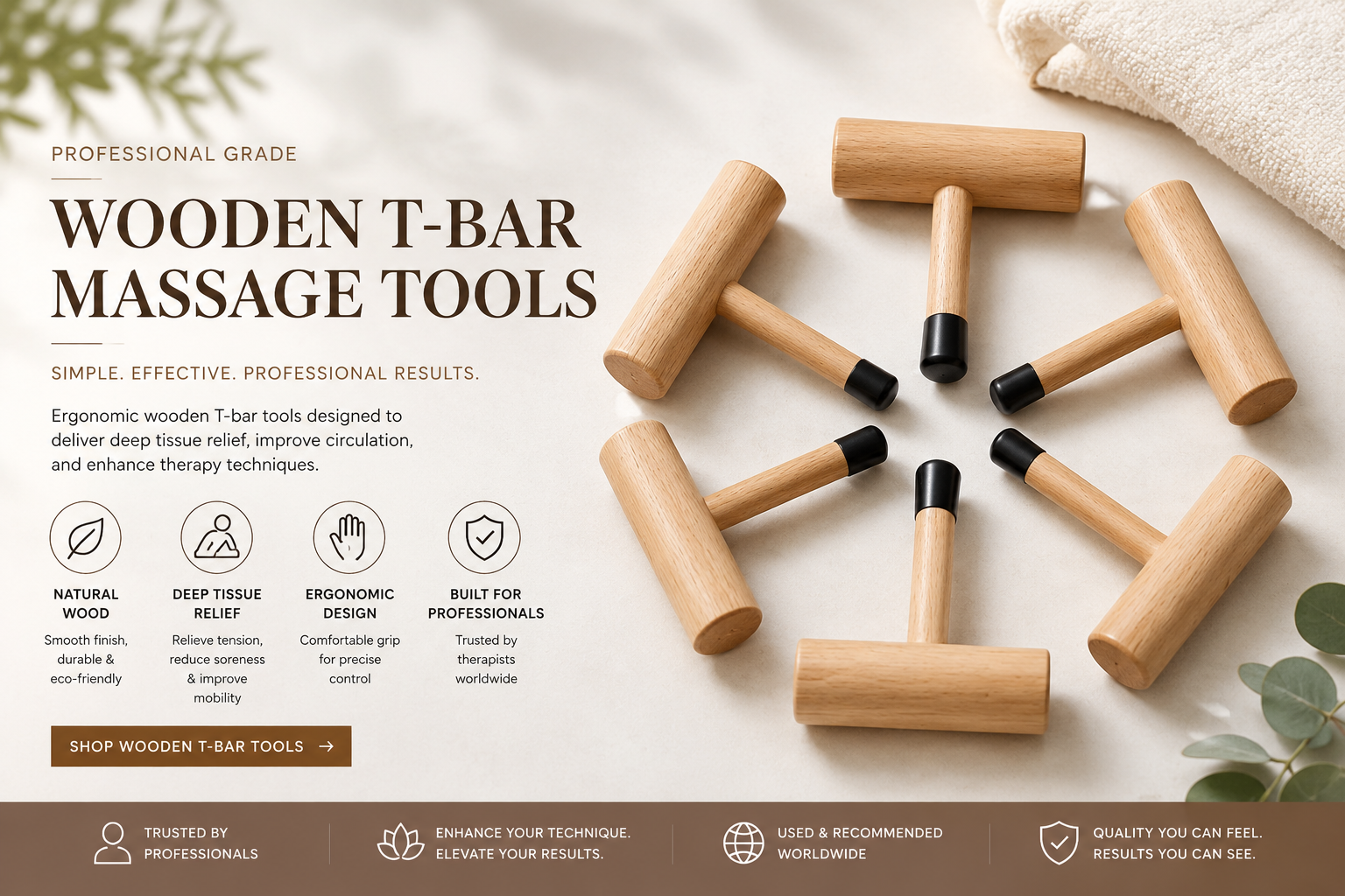 Shop NMT-Bar® T-Bar Massage Tools, professionally crafted wooden massage tools designed for massage therapists, bodyworkers, spas, and wellness professionals. Made with quality wood and a durable black tip for targeted bodywork.