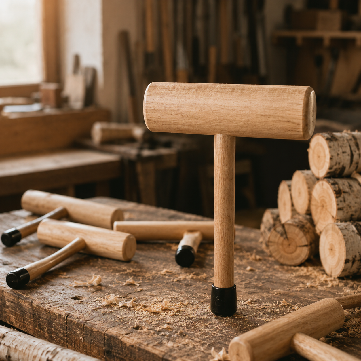 A woodworking workshop with a wooden sledgehammer standing on a workbench, surrounded by various wooden mallets, logs, and shavings.