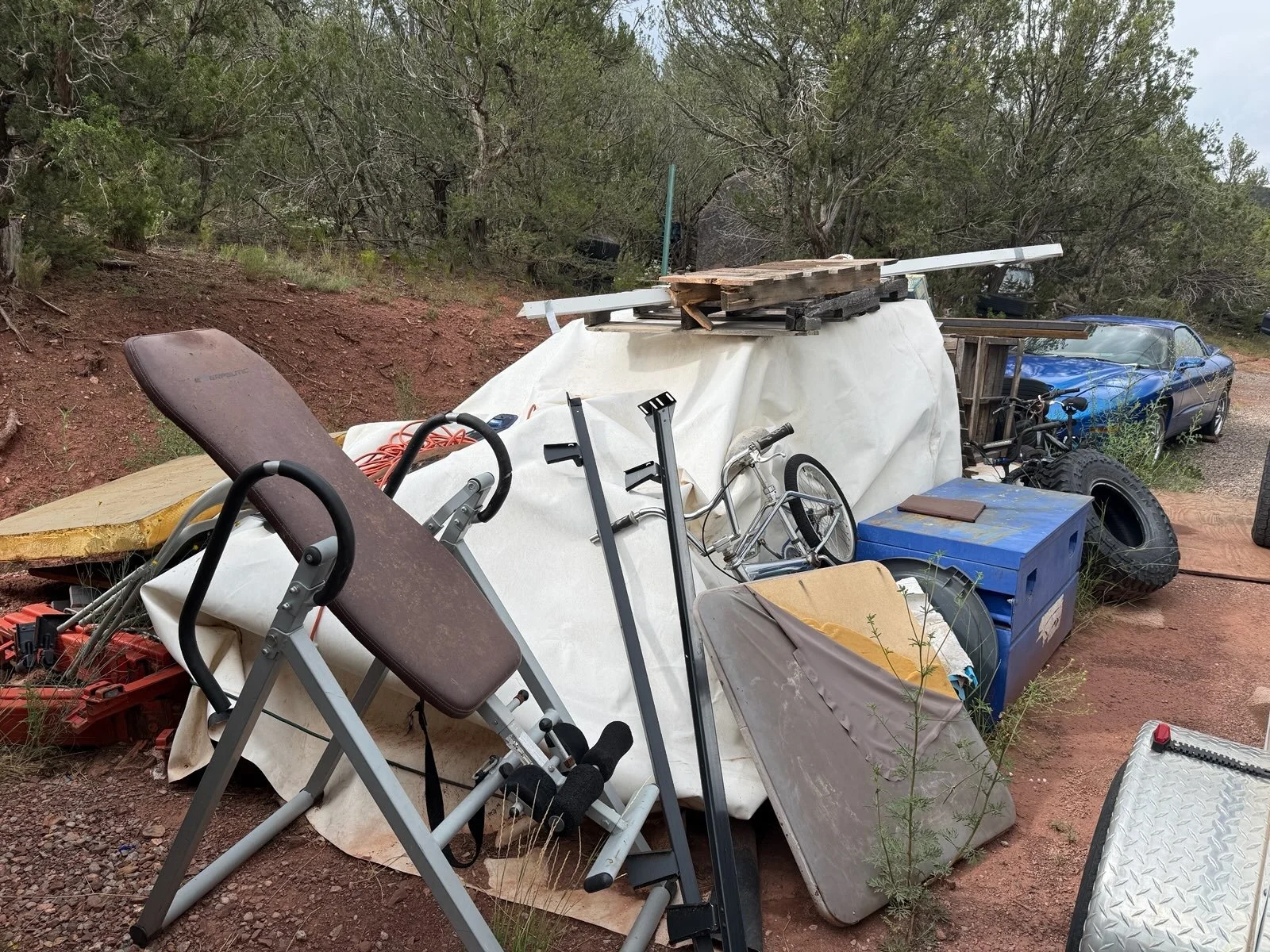 Various discarded items in an outdoor area including a treadmill, a bicycle, a blue plastic crate, a tire, and a pile of wooden planks, with trees in the background.
