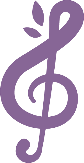 Purple treble clef with musical note accents on a black background.