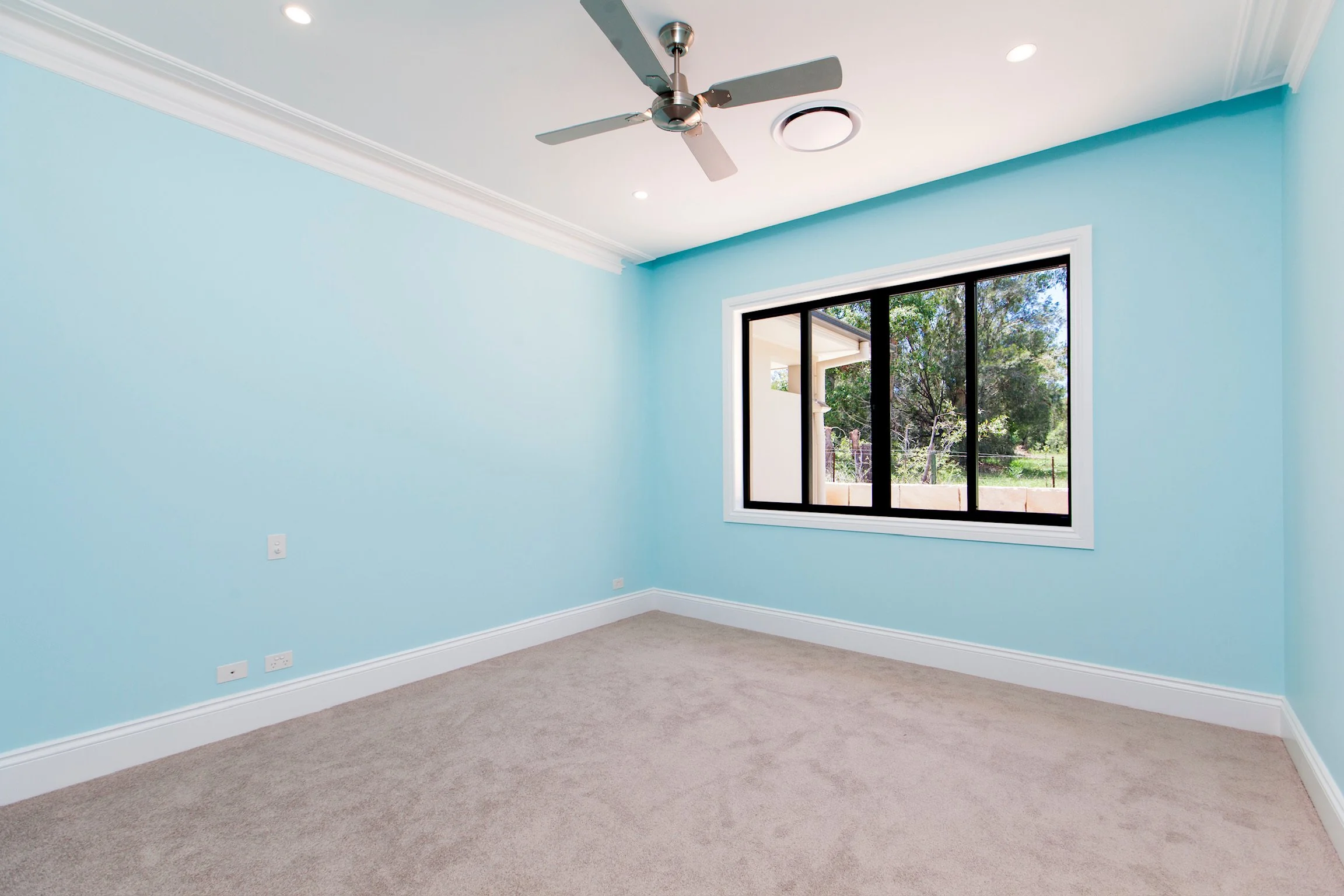 Empty room with light blue walls, beige carpet, a large window showing trees outside, and a ceiling fan.