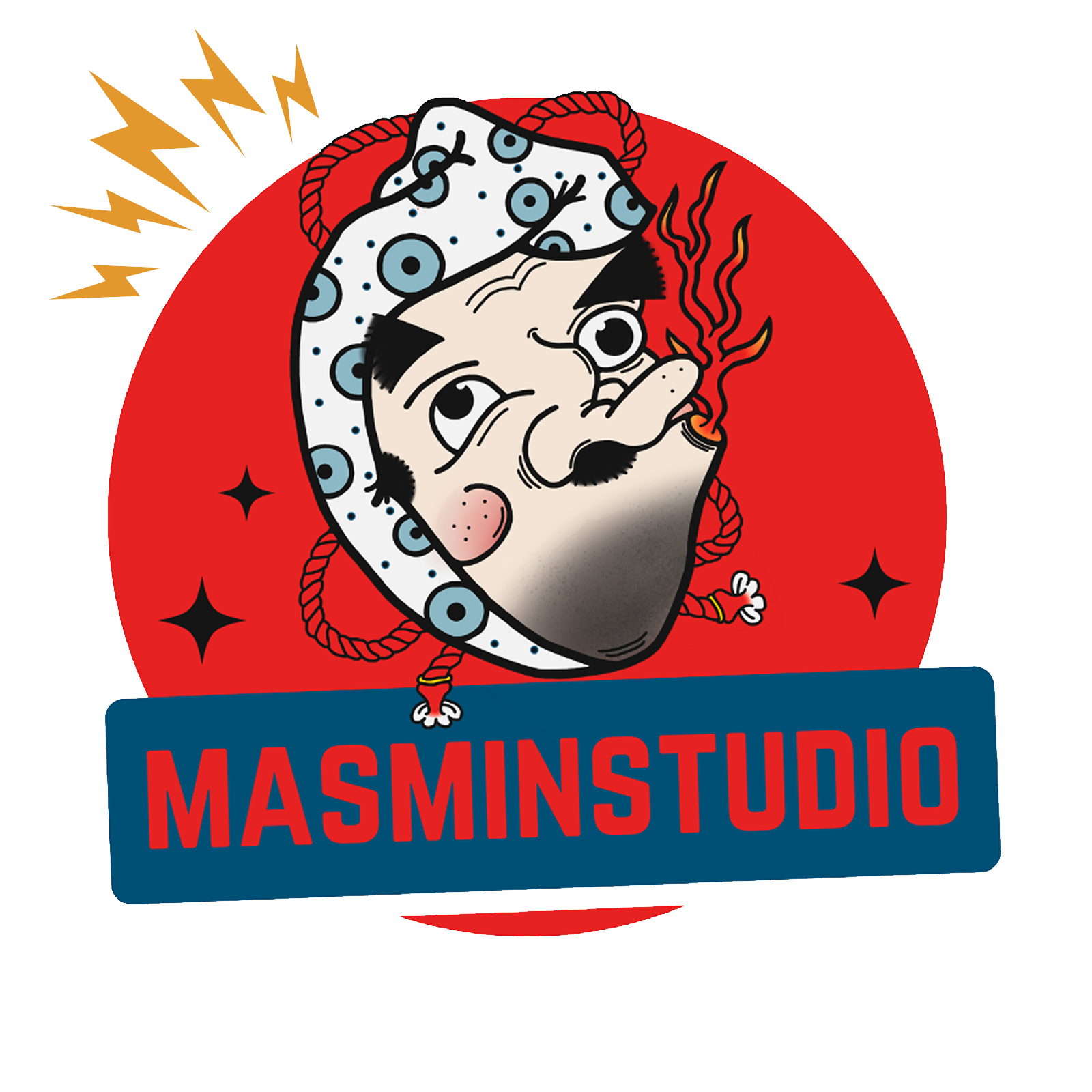 A cartoon illustration of a man with a mustache, wearing a fishnet cap, with red smoke coming from his mouth, in front of a red circle, with black stars around, and a blue sign reading "MASMISTUDIO" in red letters.