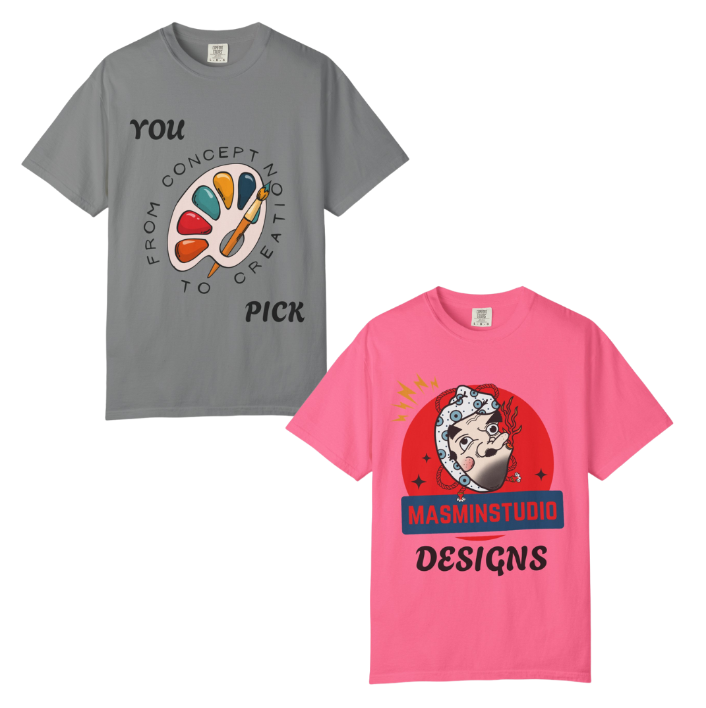Two colorful graphic T-shirts, one gray with a paint palette and brush graphic and the text 'from concept to creation, you pick', and one pink with a cartoon face and the text 'MASMINSTUDIO DESIGNS'.