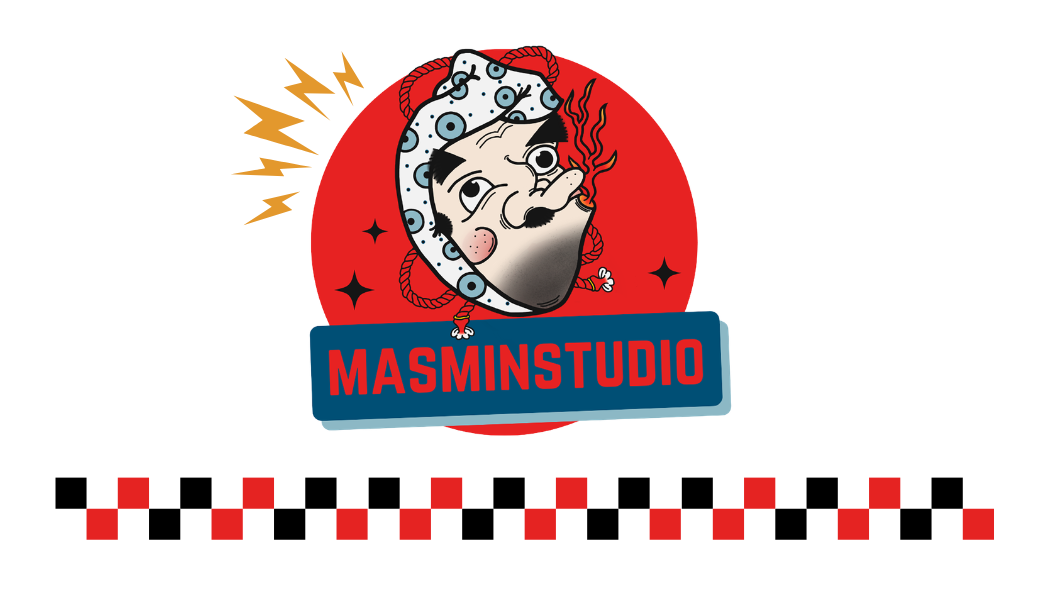 A graphic design featuring the studio's illustrated character over a red circle, yellow lightning bolts, and the "MASMINSTUDIO" name on a blue banner.