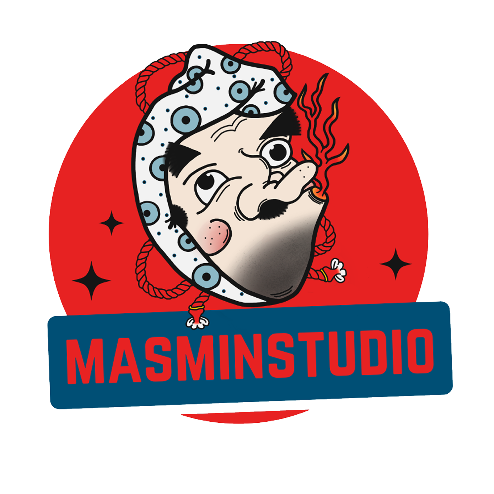 A studio logo featuring an illustrated character over a red circle and sparkles, anchored by a blue banner with the text "MASMINSTUDIO" in red.