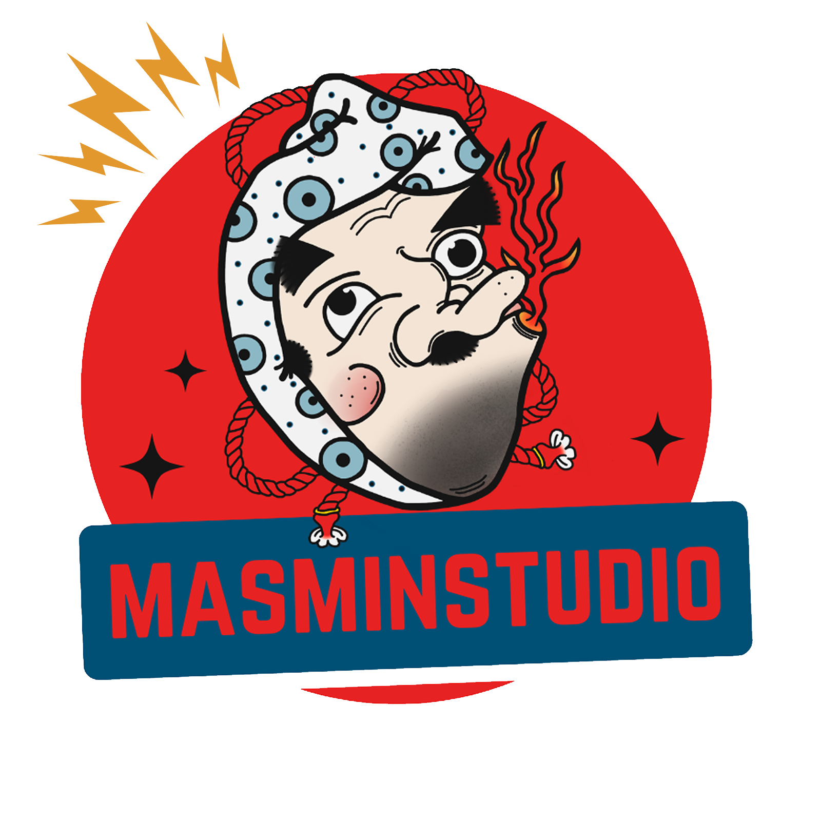 Cartoon-style logo of a character wearing a polka-dotted racing helmet blowing smoke, with the text 'MASMINSSTUDIO' on a blue banner underneath.