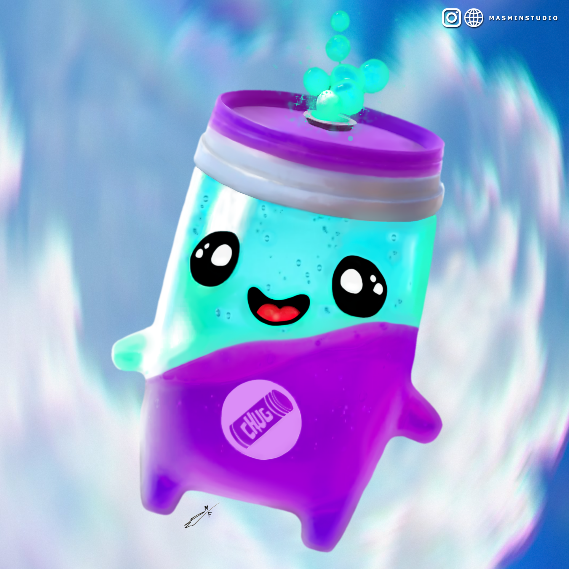 masminstudio's vibrant digital illustration features a cute, animated jar character with a cheerful face, floating amidst glowing bubbles and a colorful liquid mixture.