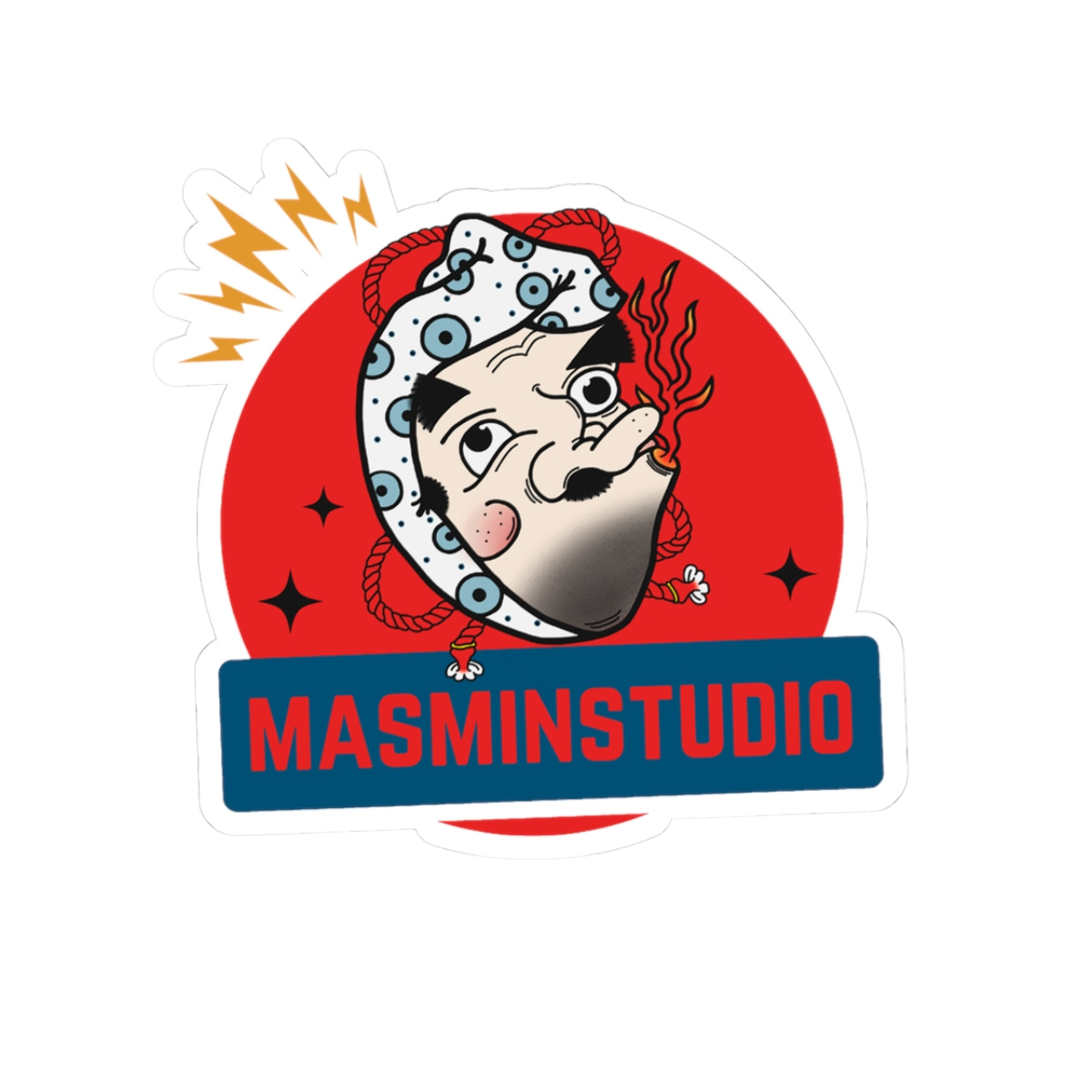 A cartoon-style sticker of a face with a mustache and a smoking pipe, wearing a nightcap with eyes and blue dots, with smoke rising from the pipe. The background is red with black stars, and below in a blue rectangle is the text "MASMINSTUDIO" in red.