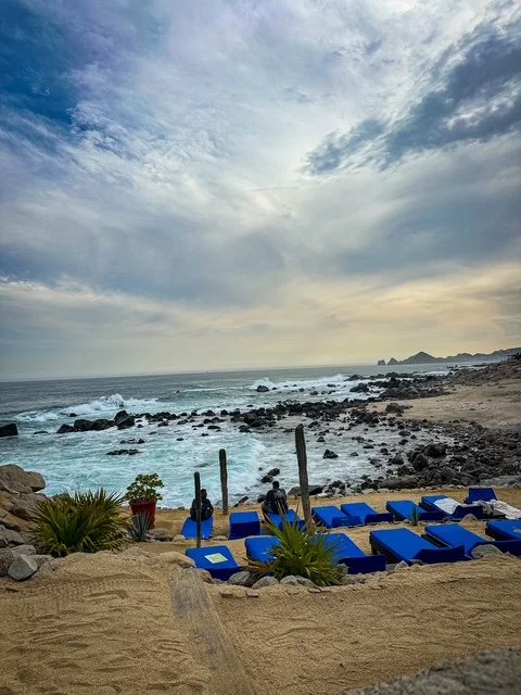 Beach scene with blue lounge chairs, potted plants, rocky shoreline, ocean waves, and a cloudy sky.