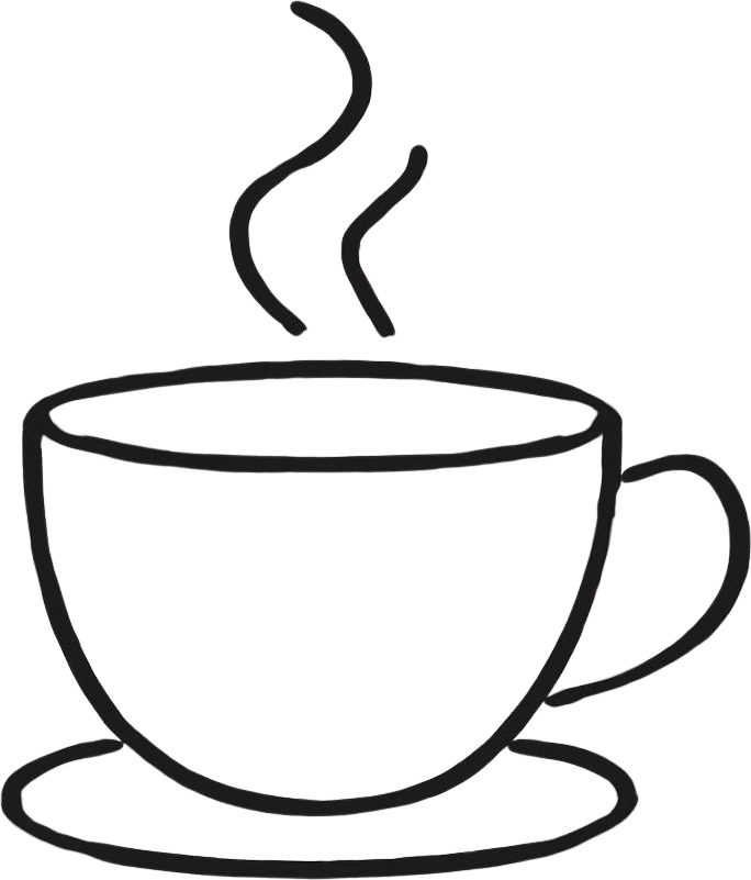 A simple black outline drawing of a coffee cup with steam rising from it, placed on a saucer.