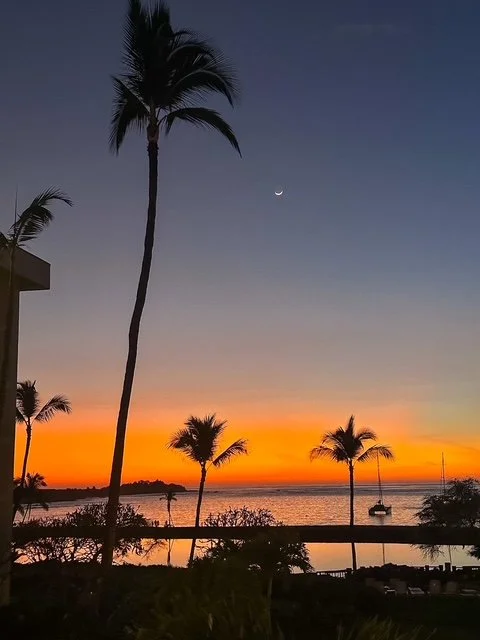 Sunset over the water with silhouettes of palm trees and a small boat, crescent moon in the sky.