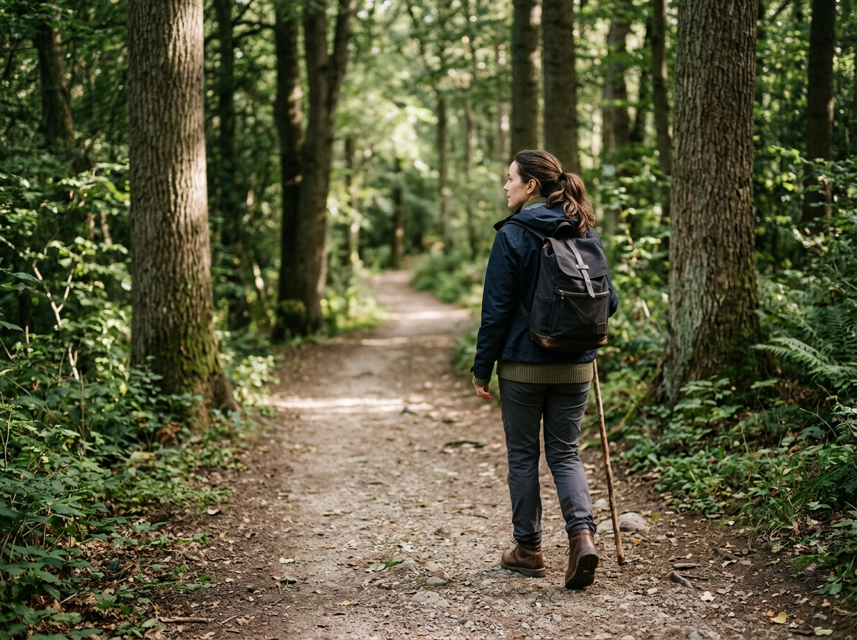 A woman with a backpack and walking stick hiking on a forest trail surrounded by trees and greenery.