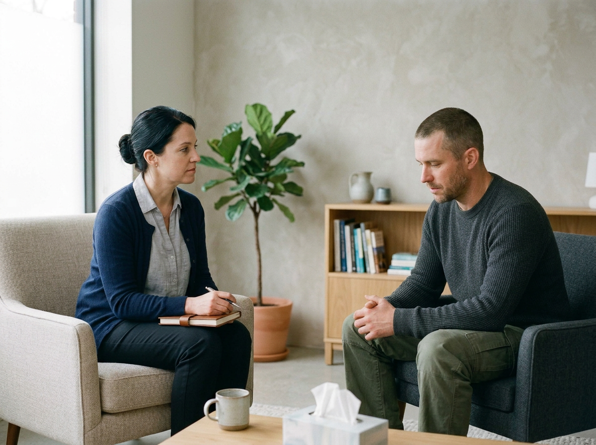 A woman and a man sitting in a therapist's office during a counseling session. The woman is holding a notebook and pen, and the man is sitting with hands clasped, looking down.