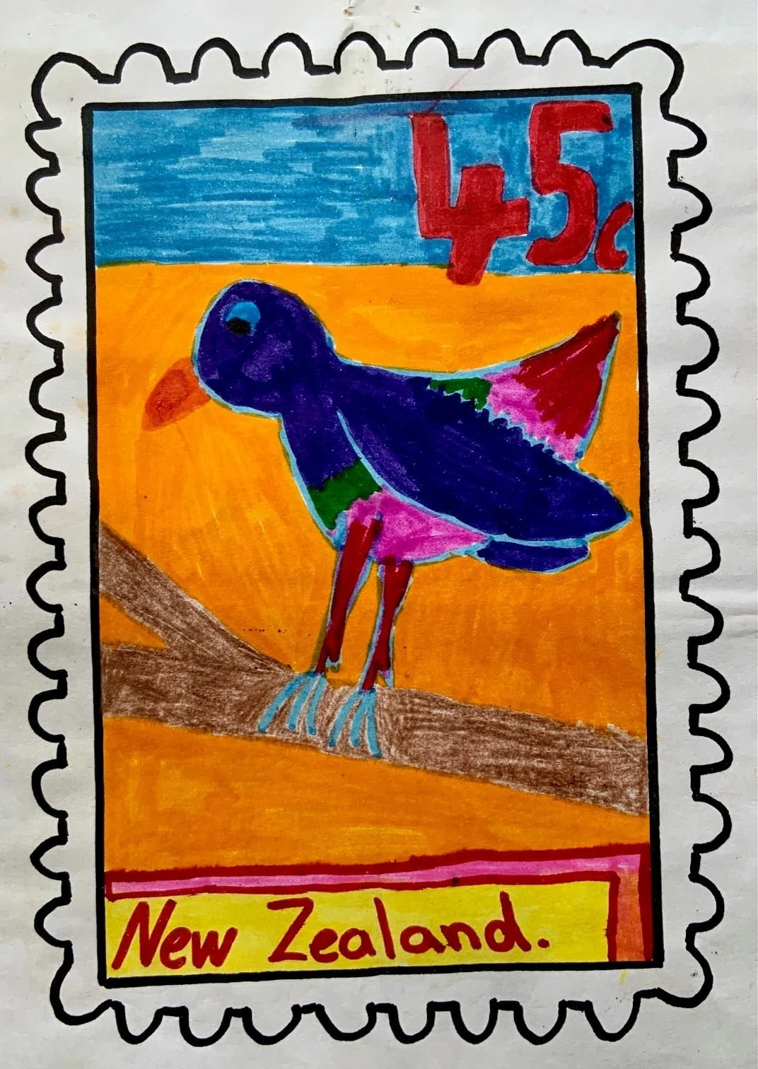 Stamps, Birds, Colourful childrens artwork