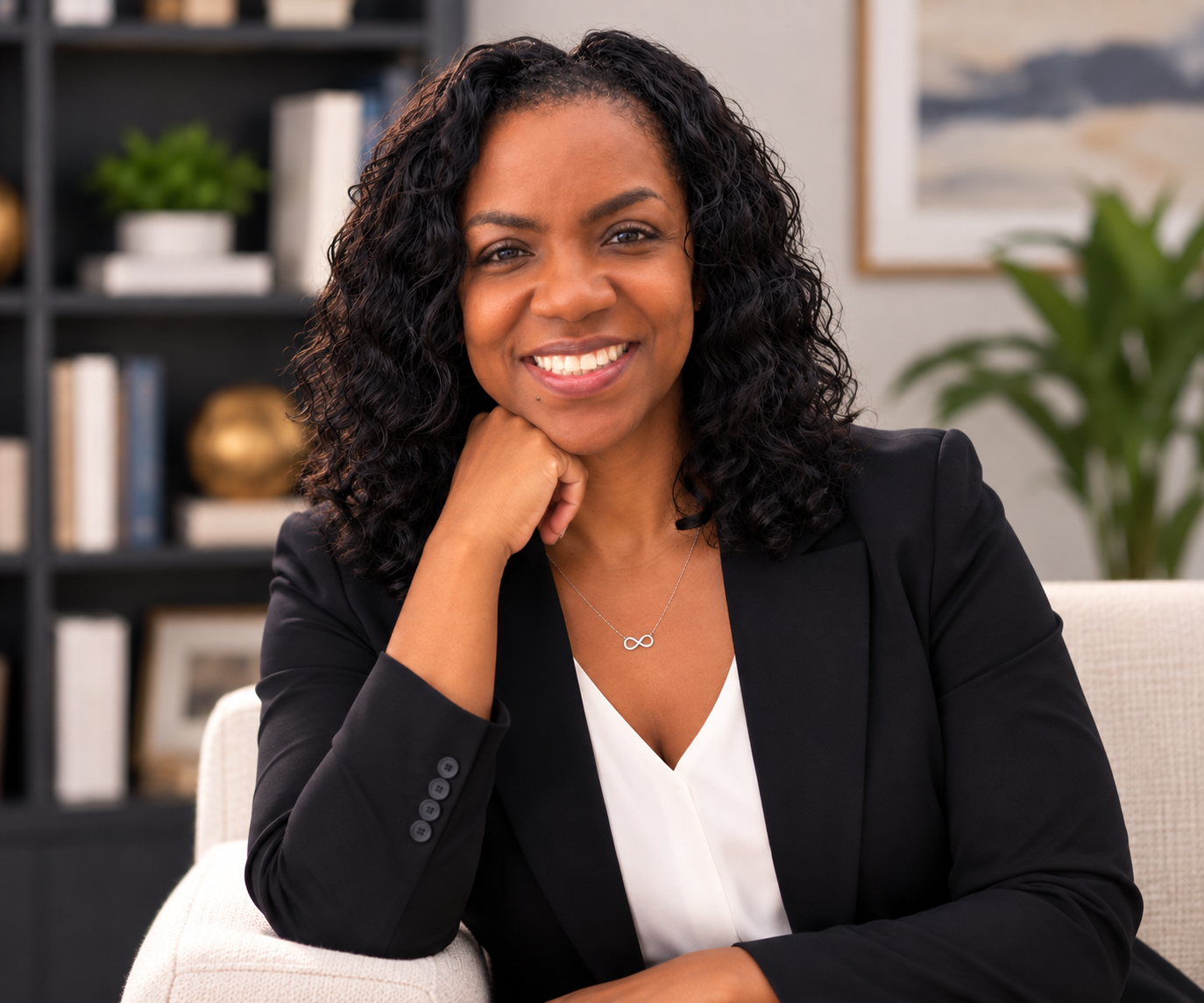 Professional woman with curly black hair smiling and resting her chin on her hand in an office setting