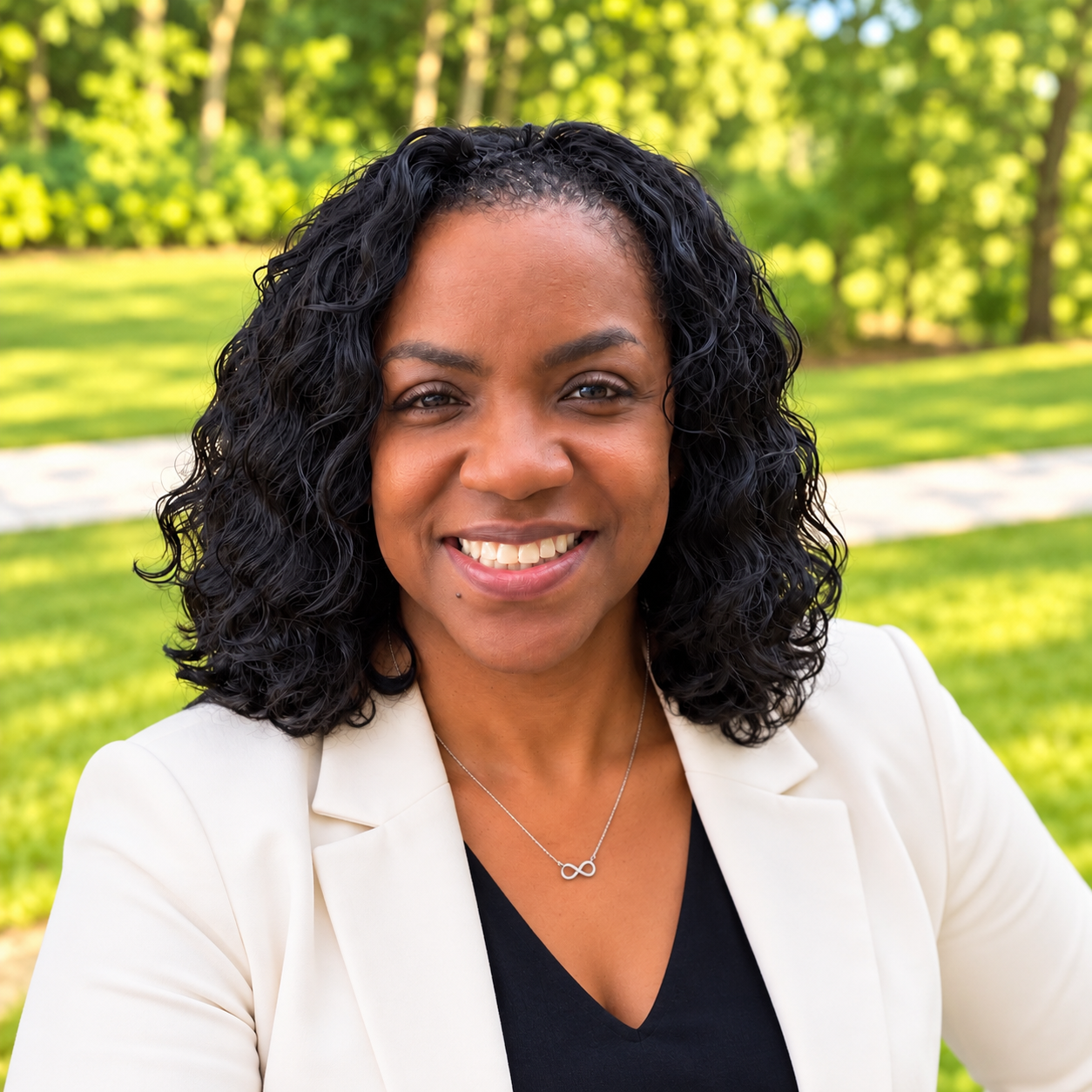 A smiling woman with curly black hair wearing a white blazer and black top, standing outdoors in a park with green trees and grass in the background.