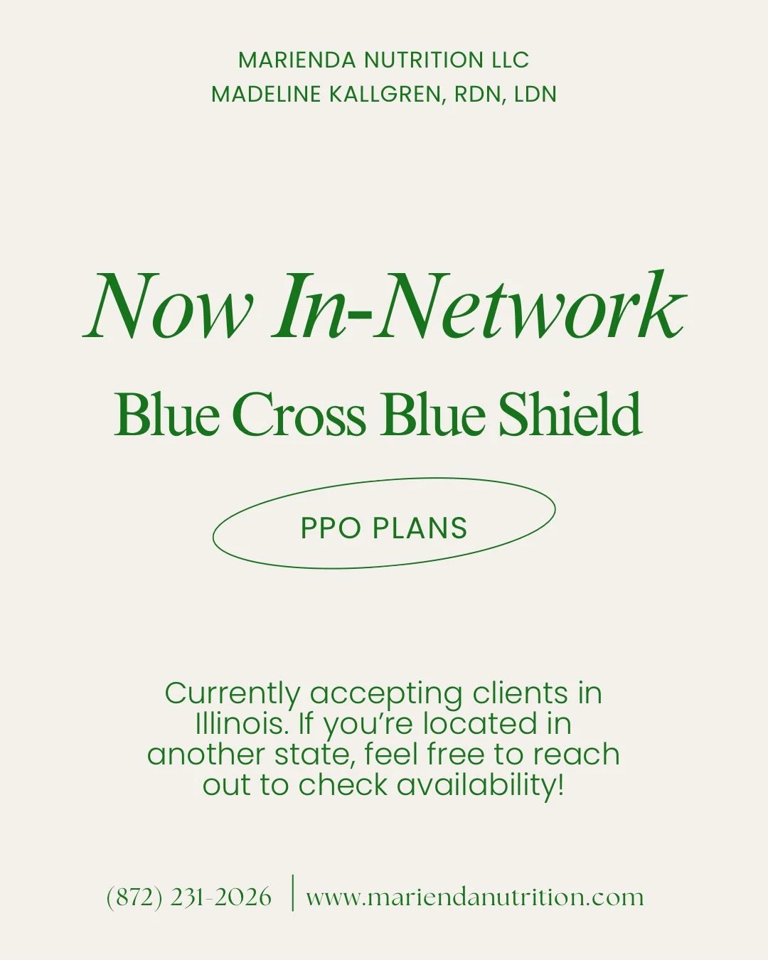 Big news: I&rsquo;m officially in-network with Blue Cross Blue Shield PPO plans 🎉

Working with a Registered Dietitian can be a game changer, whether you are juggling a packed schedule and running on coffee, dealing with digestive issues, training f